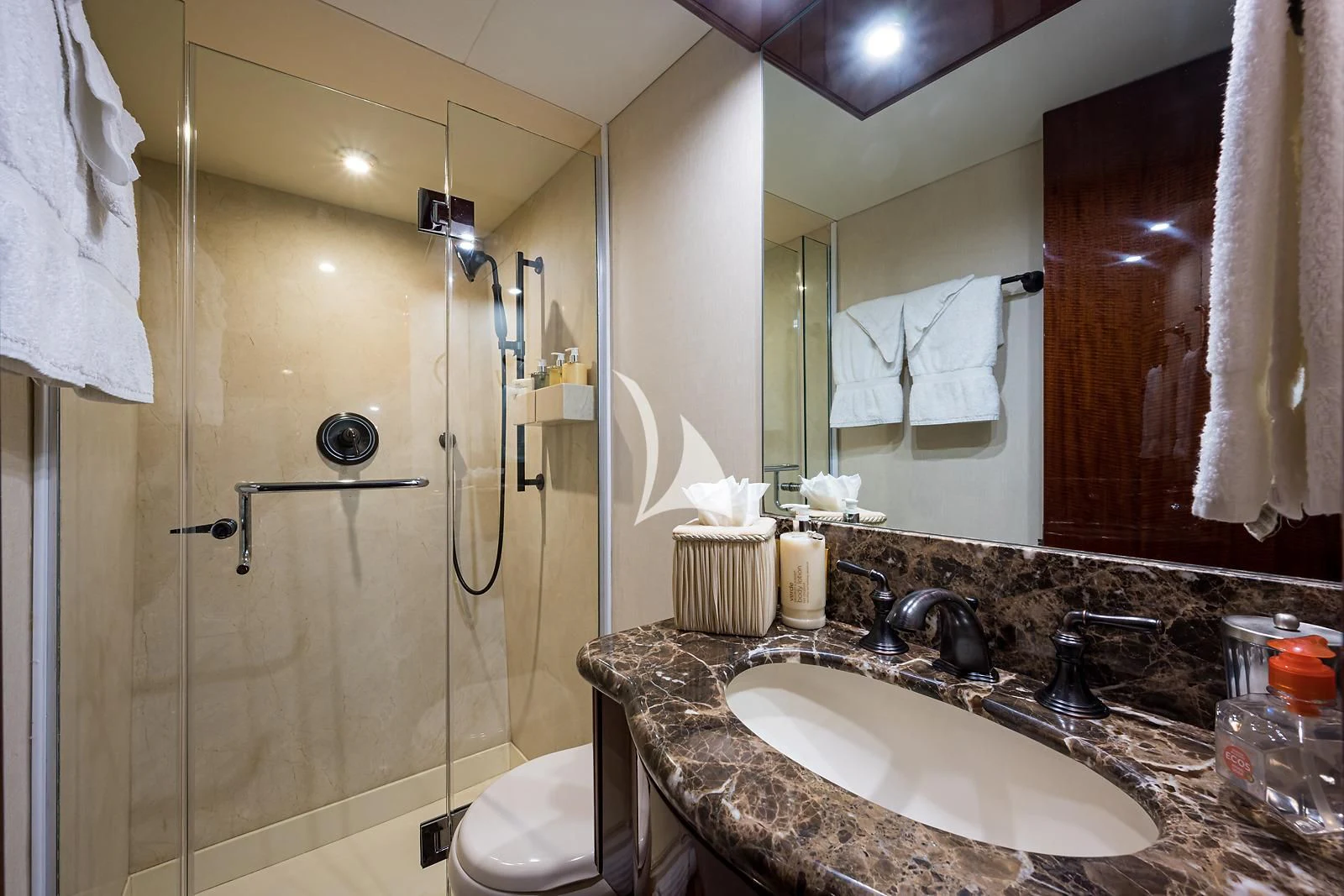 a bathroom with a glass shower aboard LADY KRISTINA Yacht for Sale