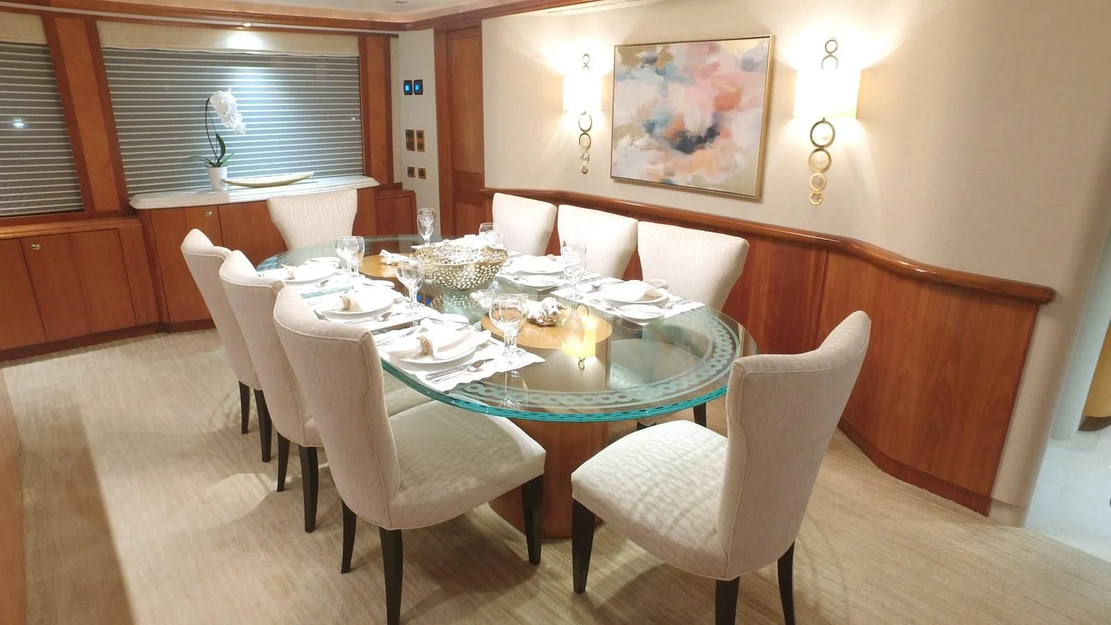 a dining table set for a meal aboard ELYSIAN Yacht for Sale