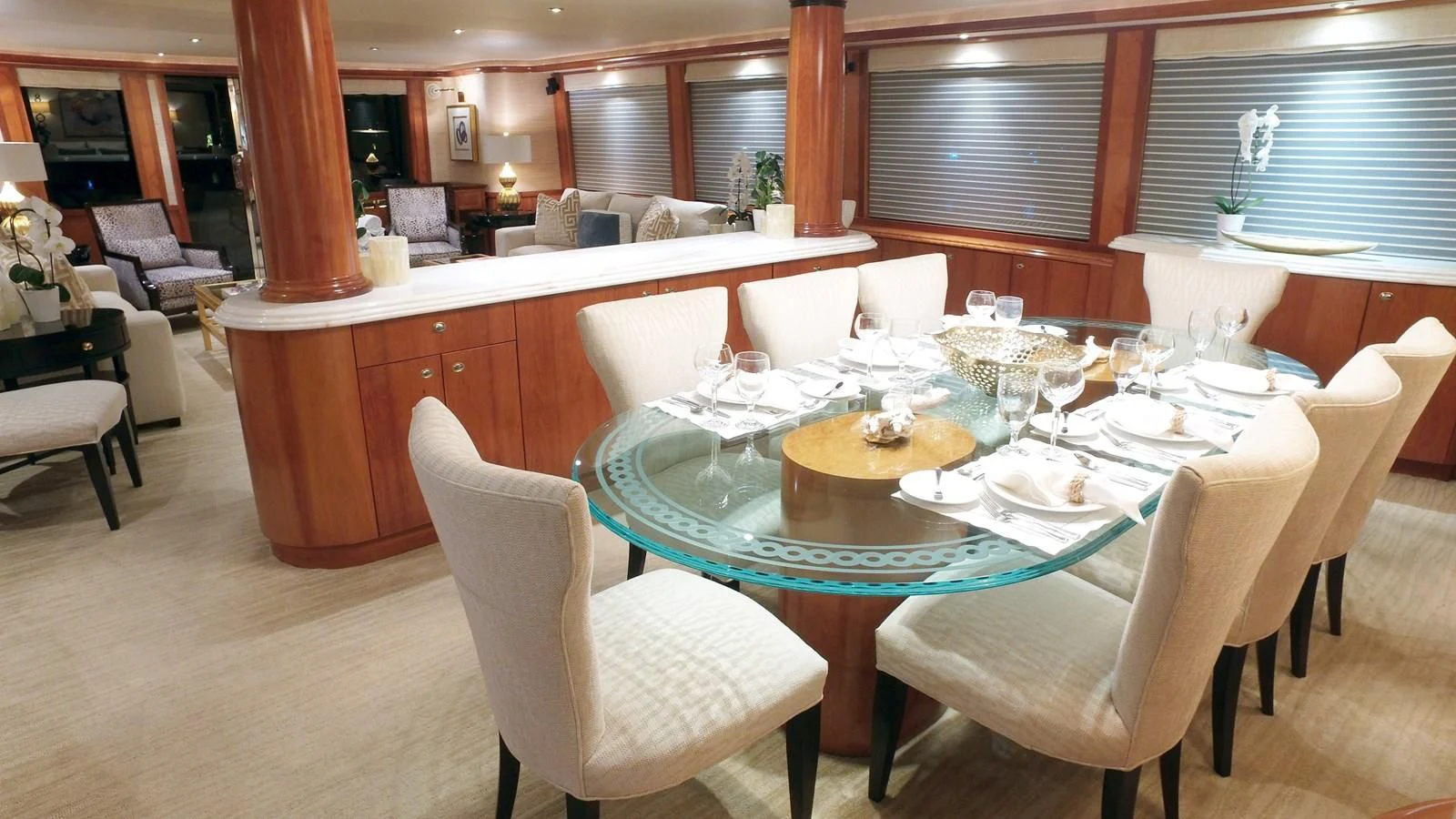 a dining room with a table and chairs aboard ELYSIAN Yacht for Sale