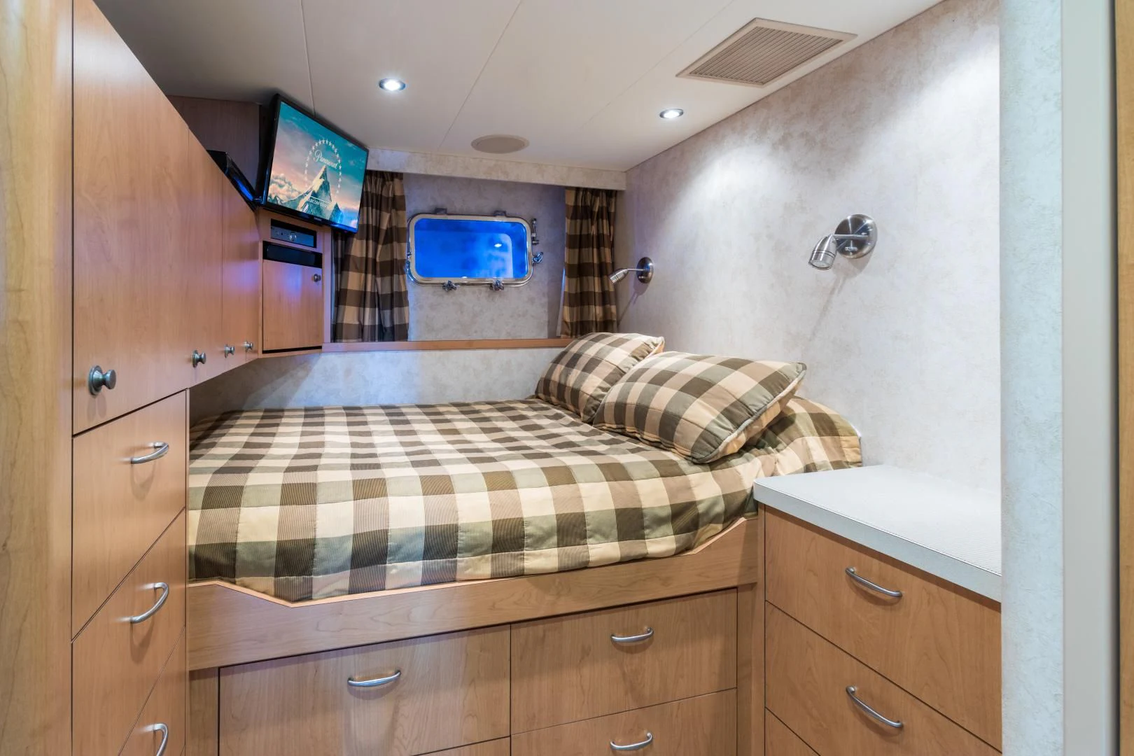 a bed in a room aboard SHOGUN Yacht for Sale