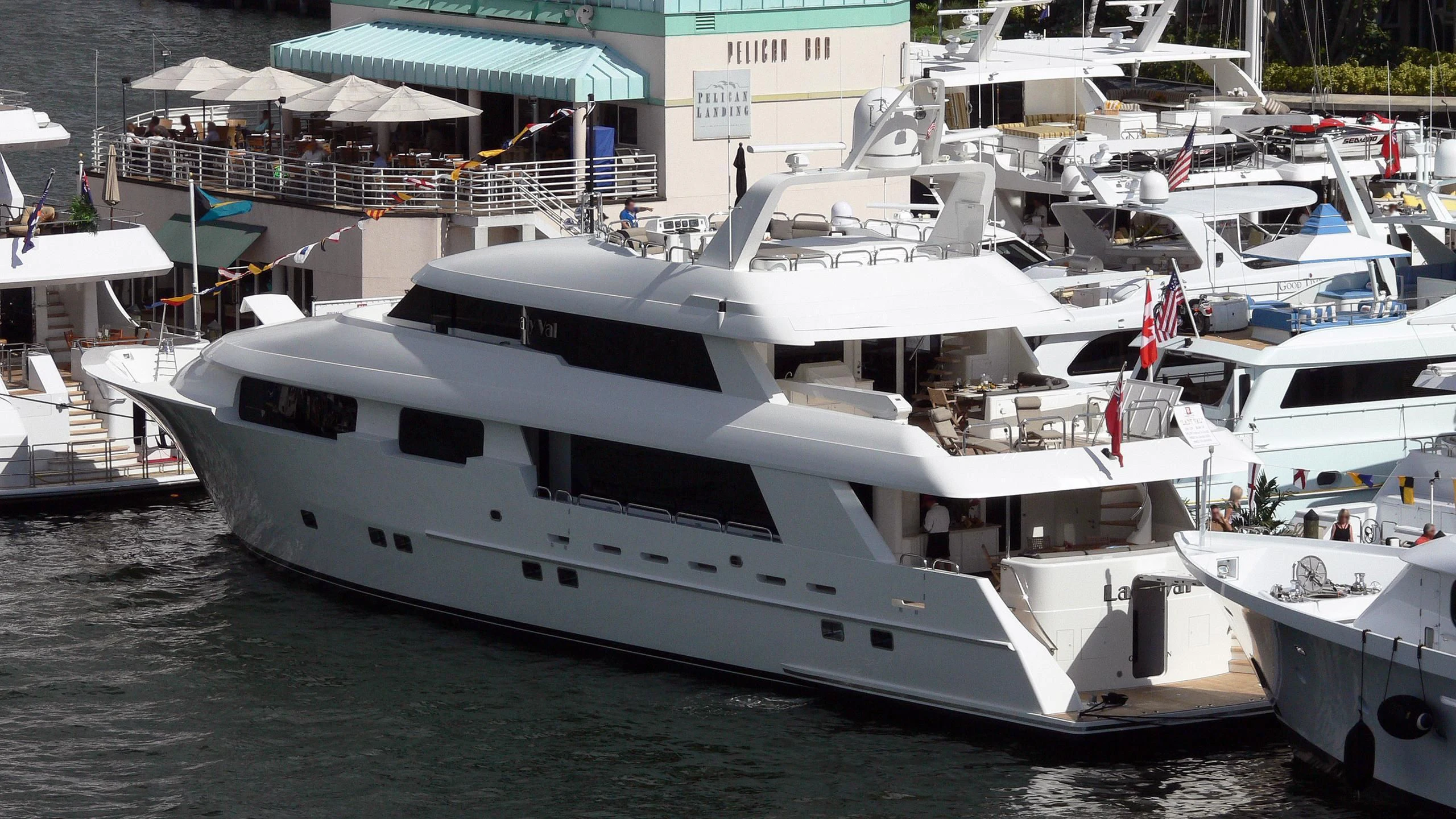 a large white boat docked aboard SHOGUN Yacht for Sale