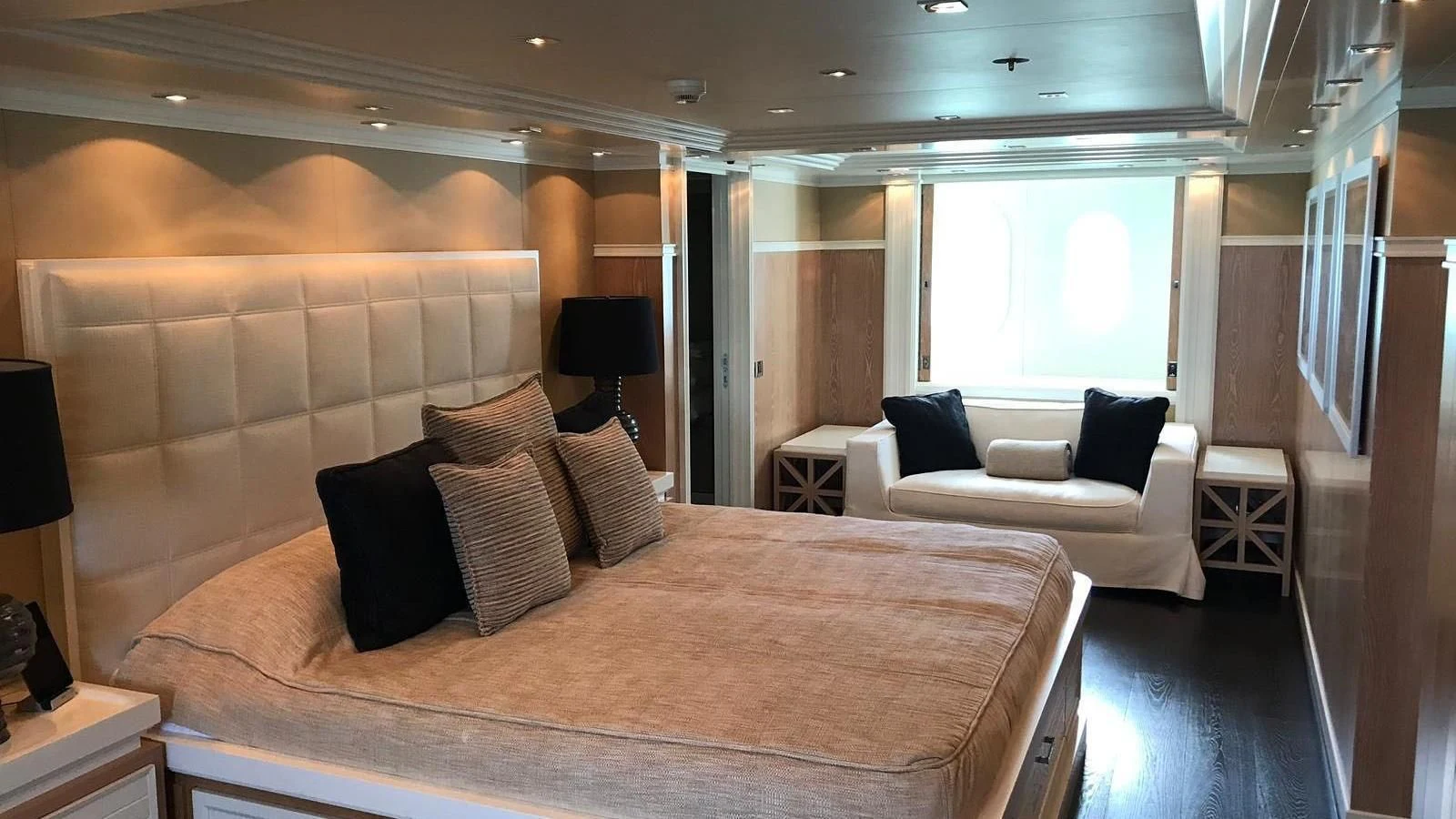 a large bed in a hotel room aboard BELLA 2 Yacht for Sale