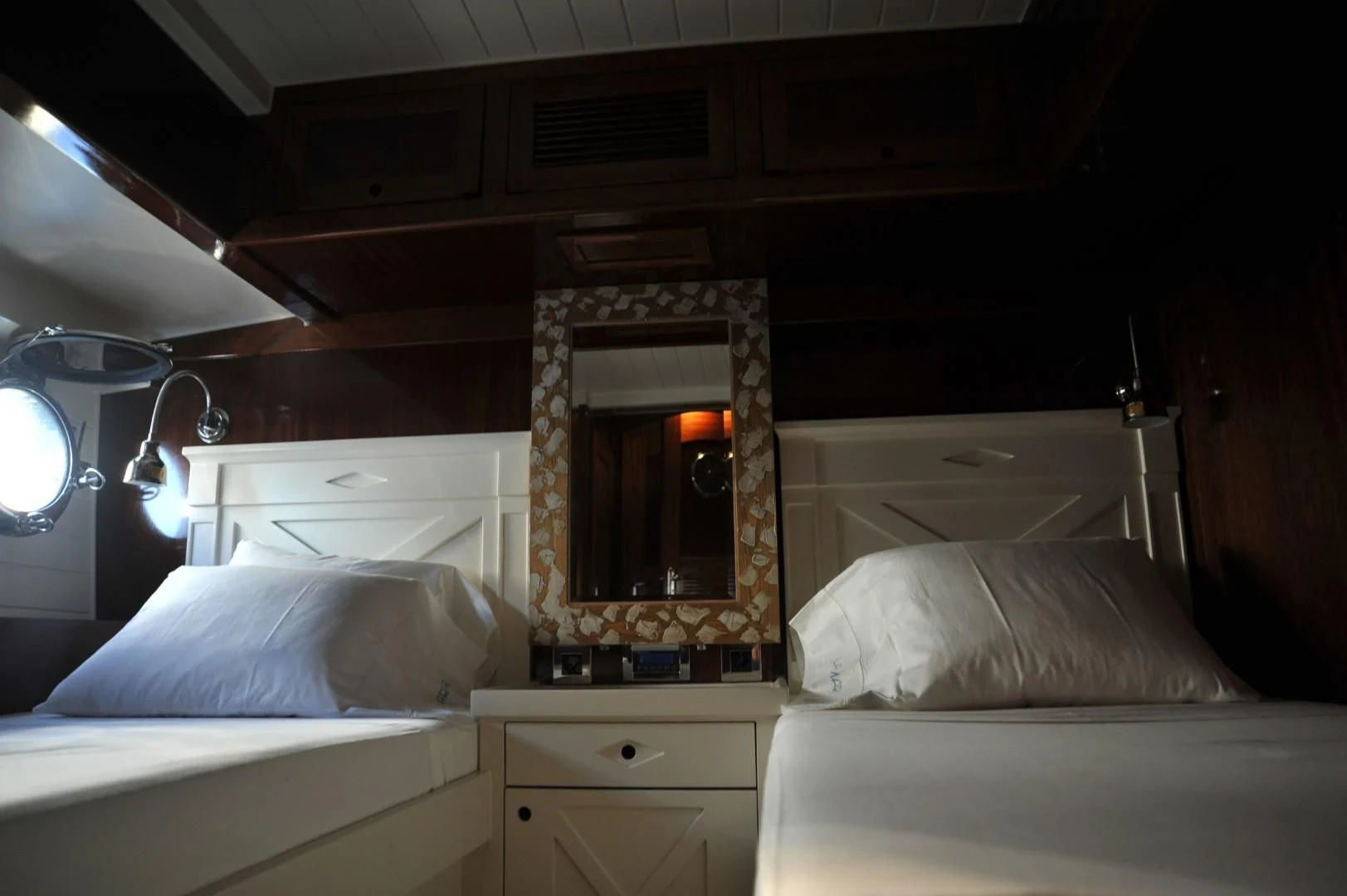 a room with two beds aboard LARIMAR Yacht for Sale