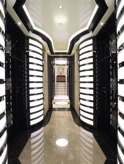 a hallway with black and white walls aboard TALISMAN C Yacht for Charter