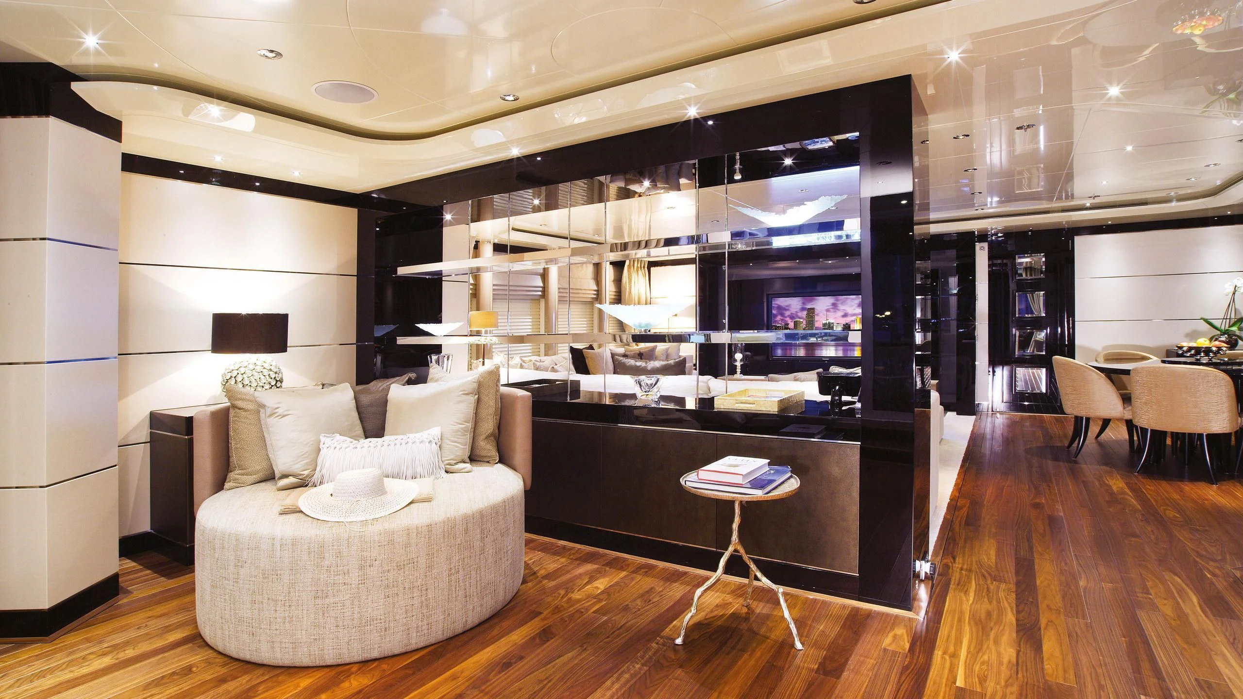 a living room with a large window aboard TALISMAN C Yacht for Charter