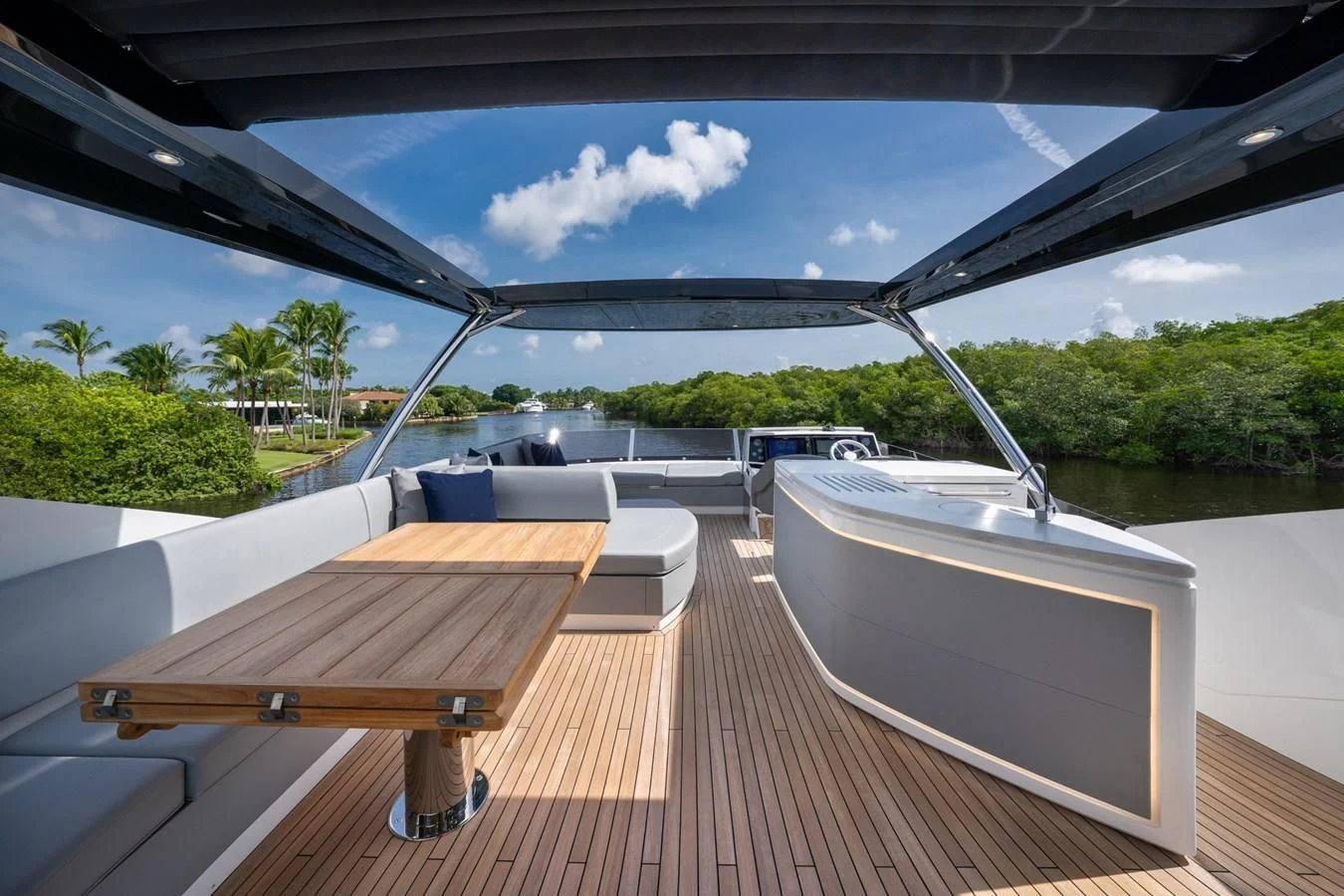 a deck with a bench and a boat on it aboard 76 YACHT Yacht for Sale