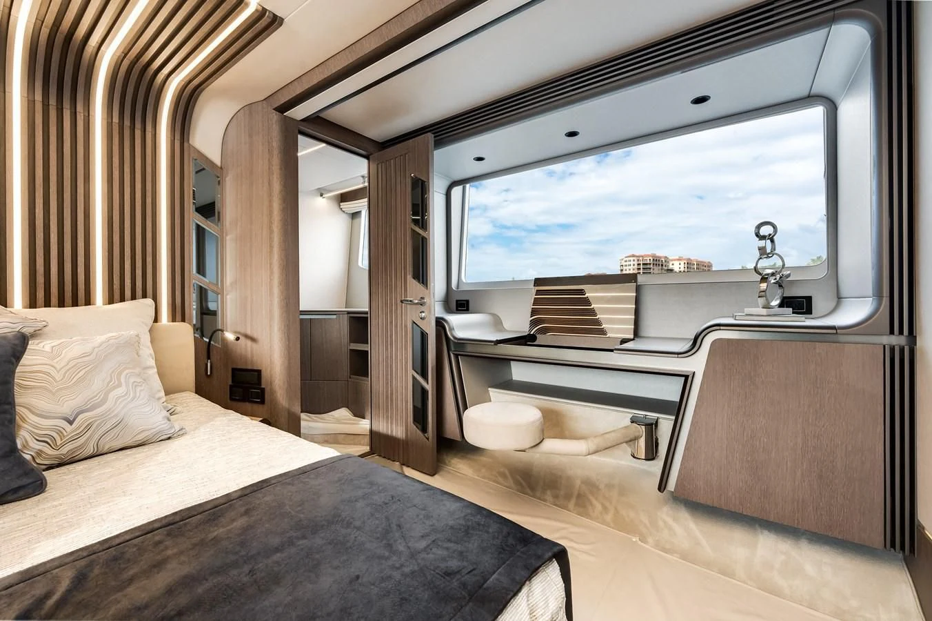 a room with a bed and a window aboard 76 YACHT Yacht for Sale
