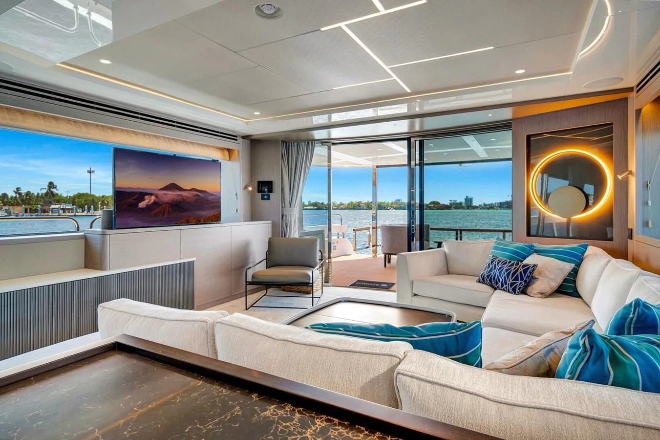 a living room with a large window aboard 76 YACHT Yacht for Sale