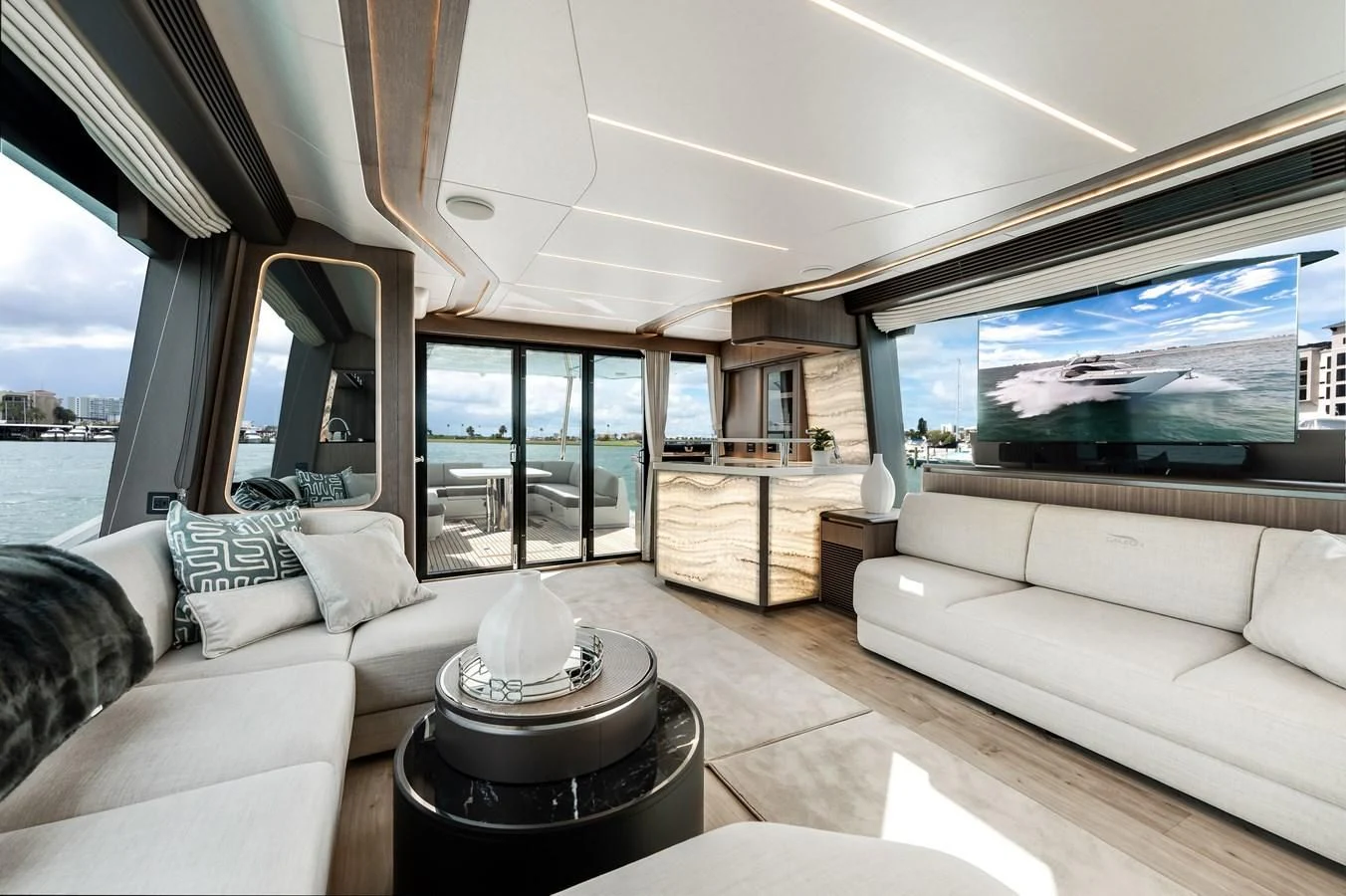 a living room with a large window aboard 76 YACHT Yacht for Sale