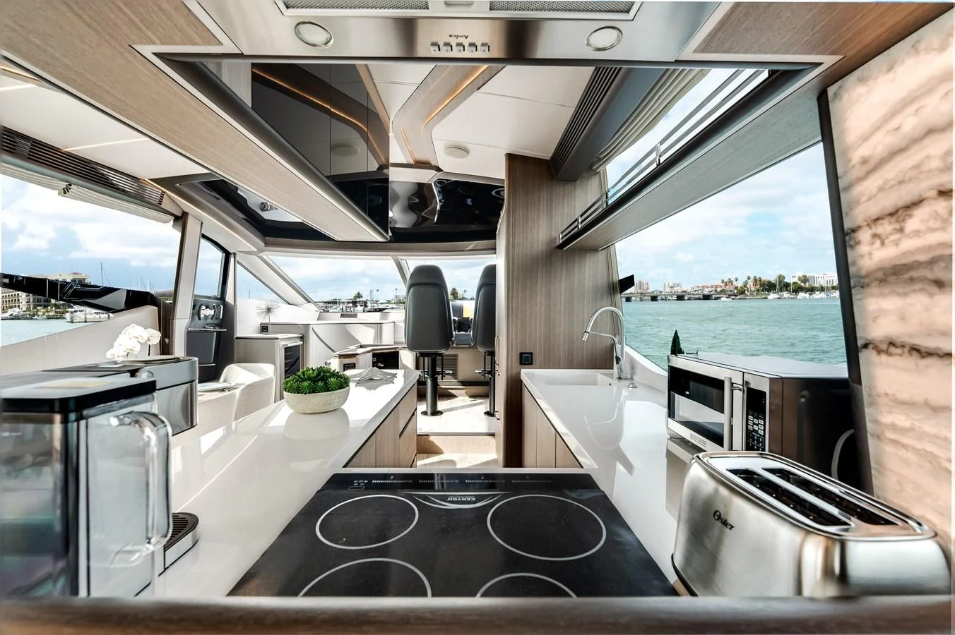 a kitchen with a large window aboard 76 YACHT Yacht for Sale