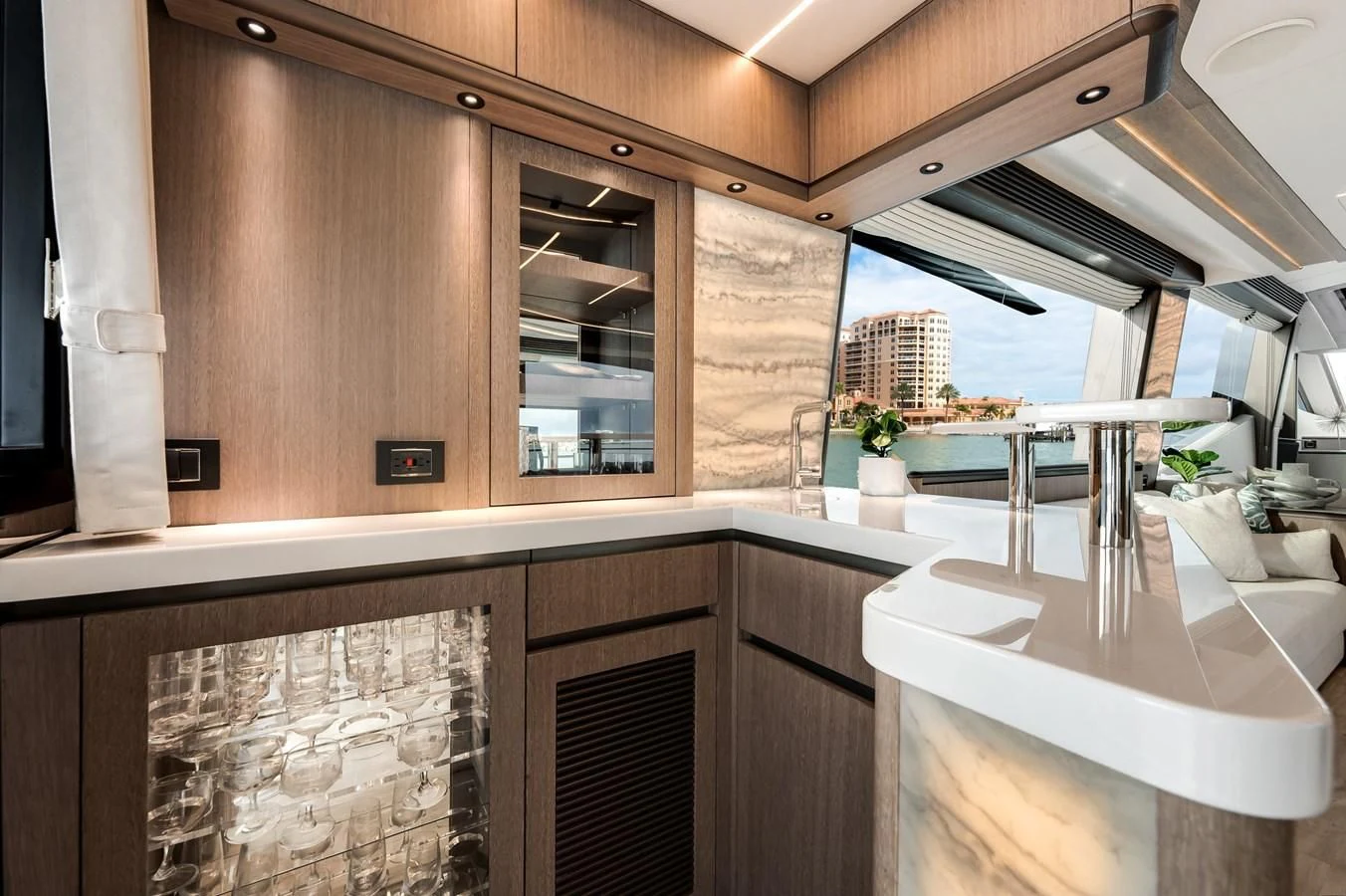 a kitchen with a large window aboard 76 YACHT Yacht for Sale