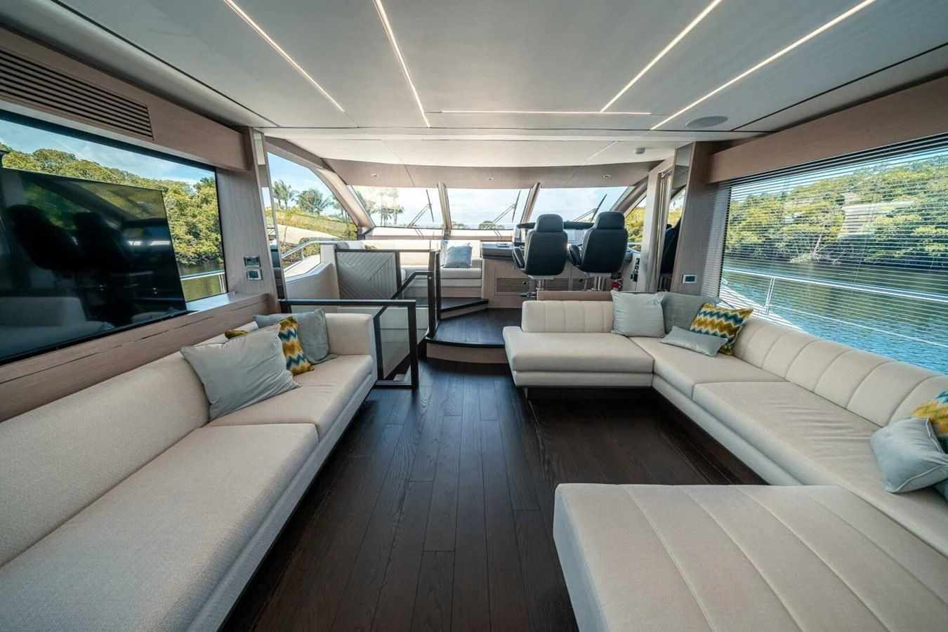 a living room with a large window aboard 76 YACHT Yacht for Sale
