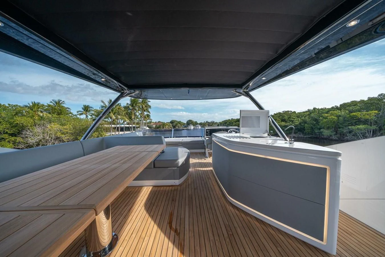 a wood deck with a screen and a large white screen on it aboard 76 YACHT Yacht for Sale