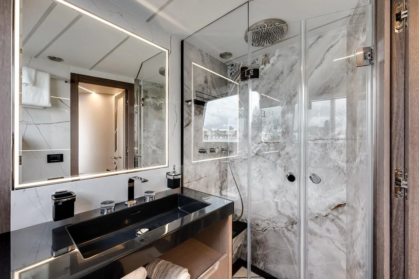 a bathroom with a glass shower aboard 76 YACHT Yacht for Sale
