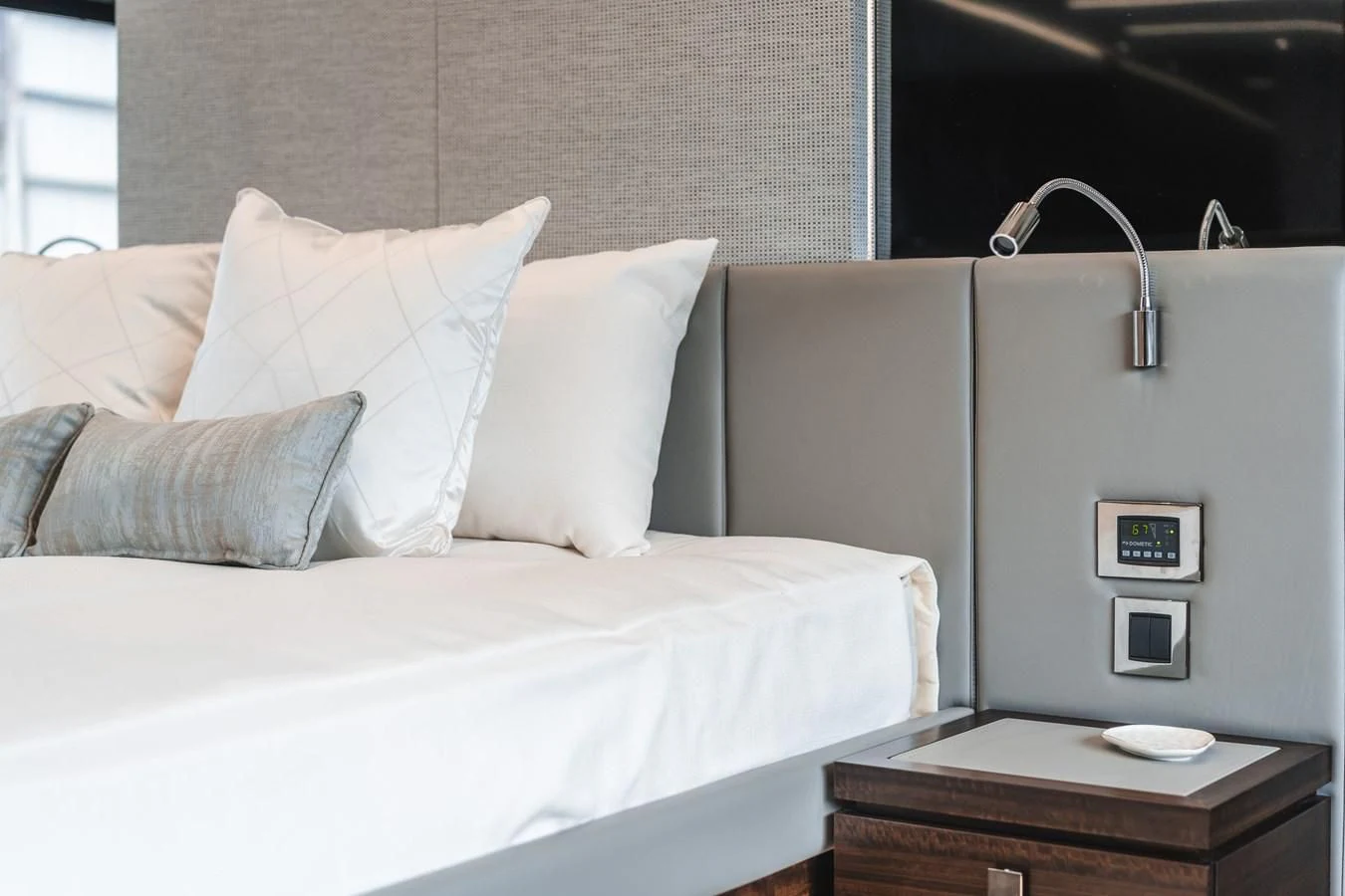 a bed with white sheets aboard 76 YACHT Yacht for Sale