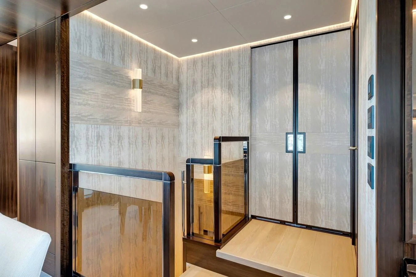 a room with wooden walls and a wood floor aboard 76 YACHT Yacht for Sale