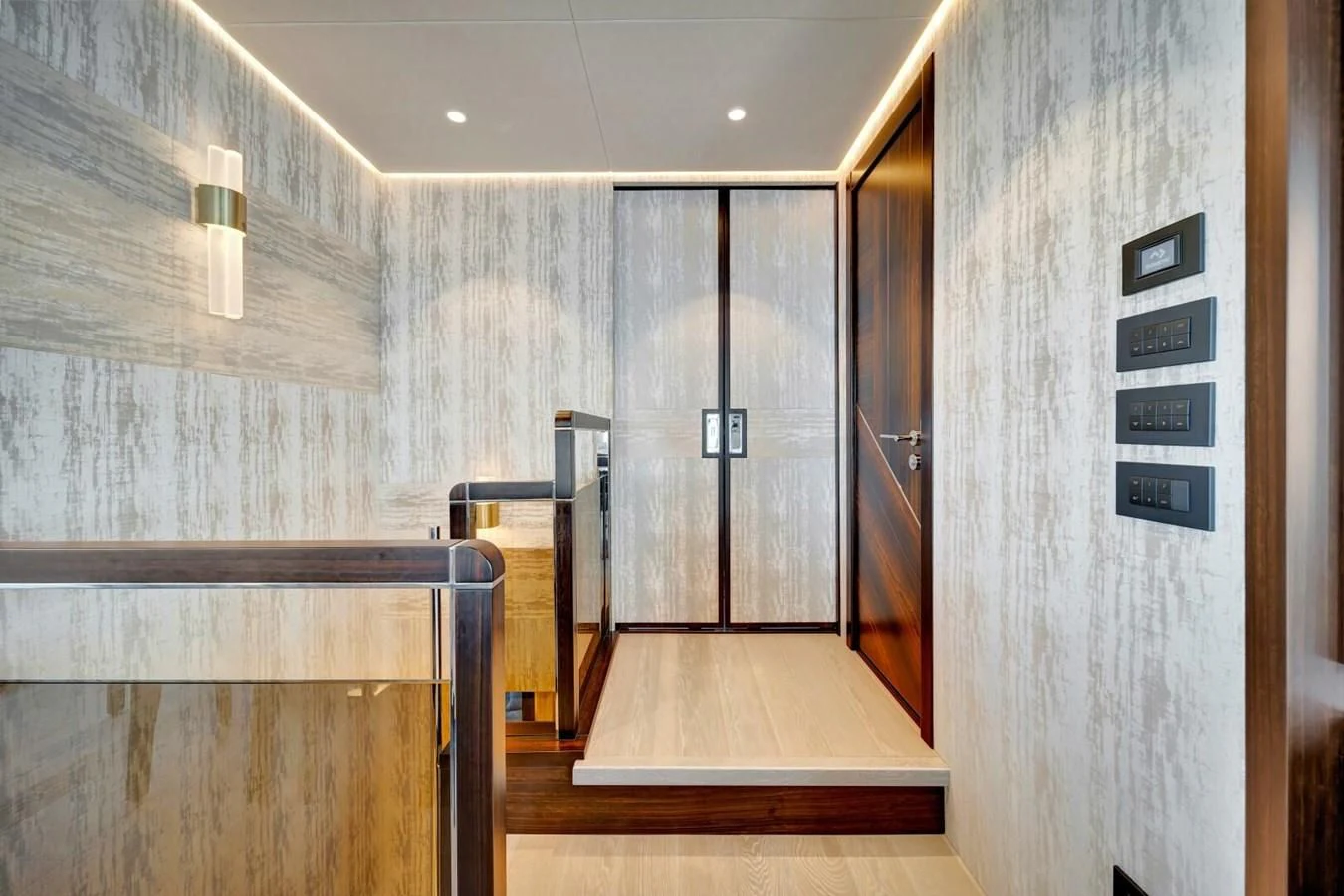 a room with wooden walls and wood floors aboard 76 YACHT Yacht for Sale