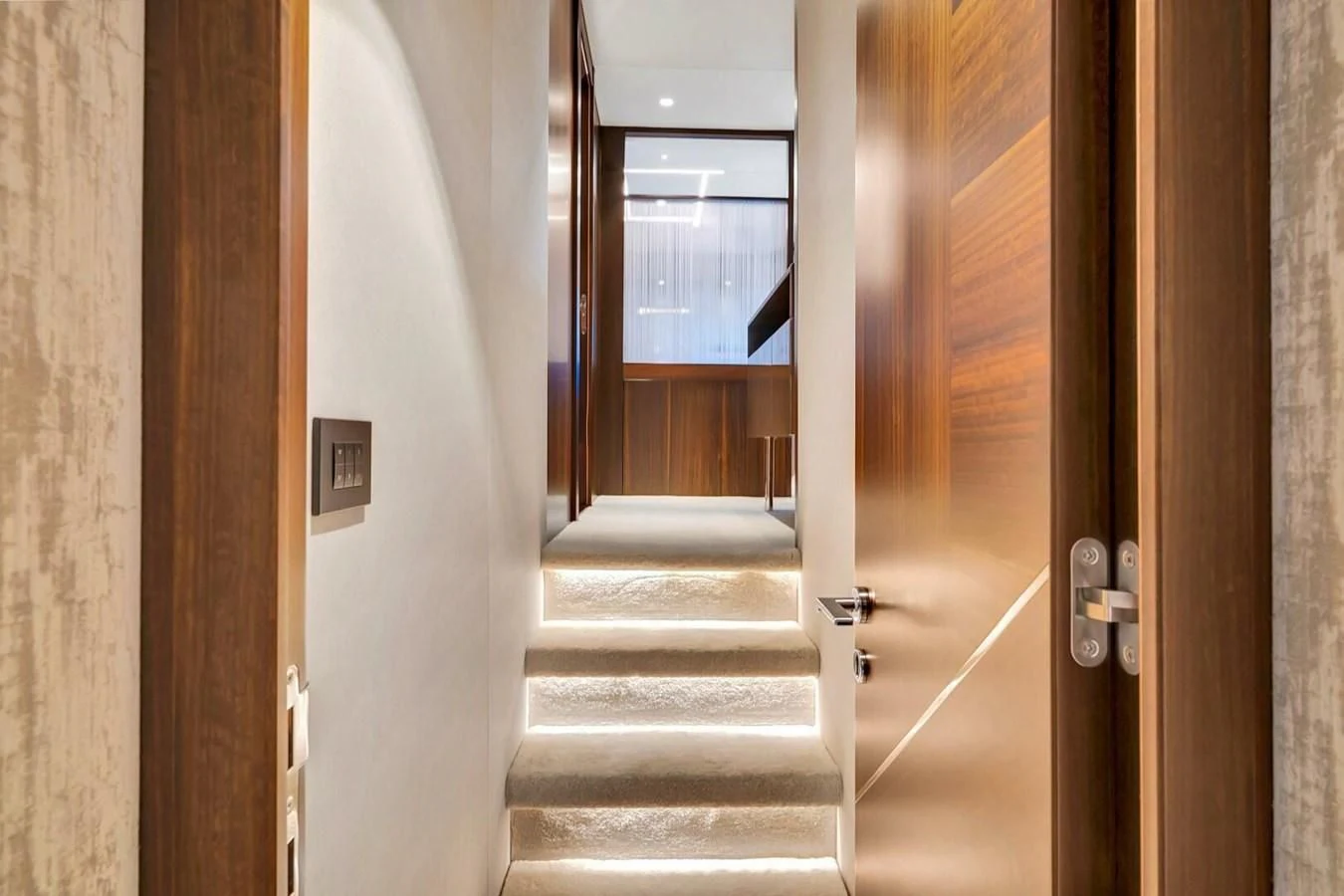 a hallway with a door and a glass door aboard 76 YACHT Yacht for Sale