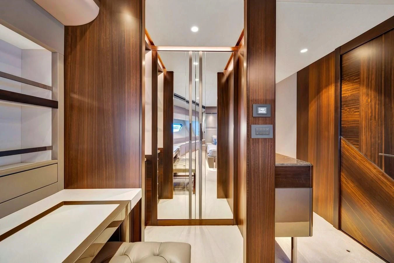 a room with wooden walls and a glass door aboard 76 YACHT Yacht for Sale