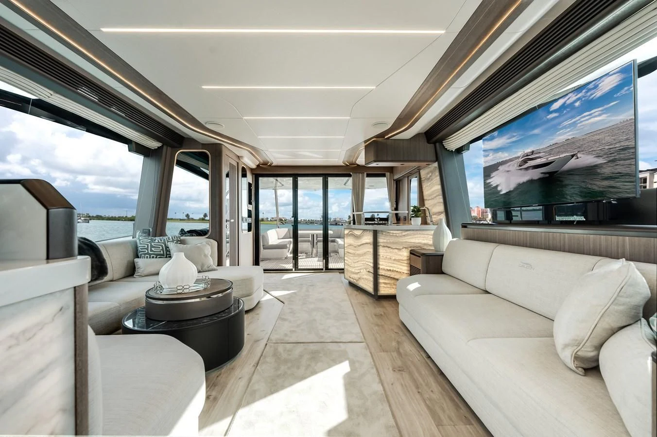 a living room with a large window aboard 76 YACHT Yacht for Sale