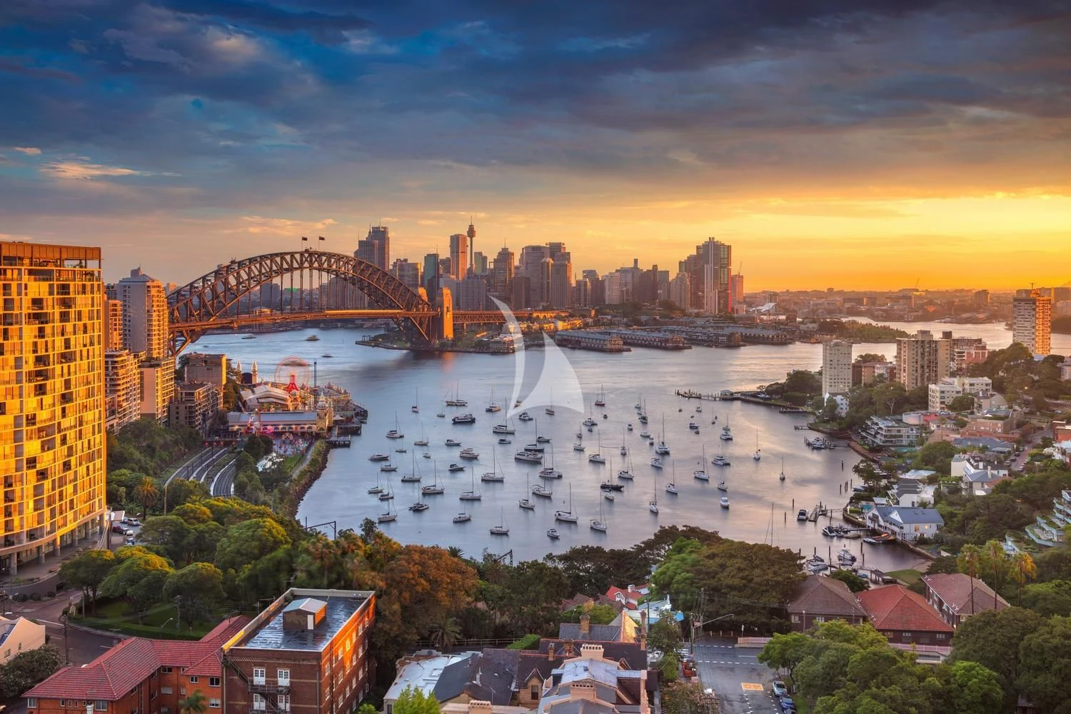 a city with a river and a bridge with a bridge and buildings aboard ONEWORLD Yacht for Sale