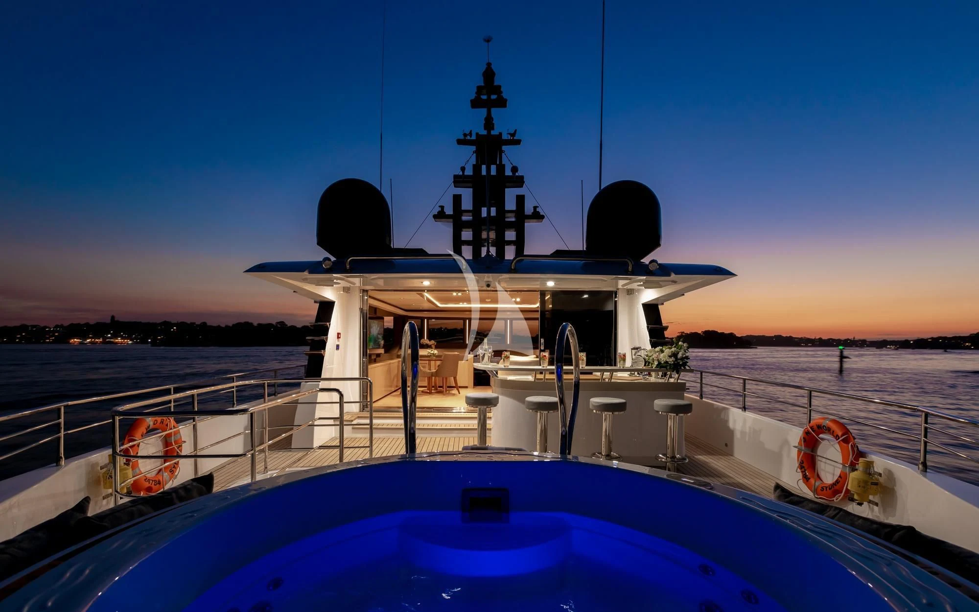 a large ship in a body of water aboard ONEWORLD Yacht for Sale
