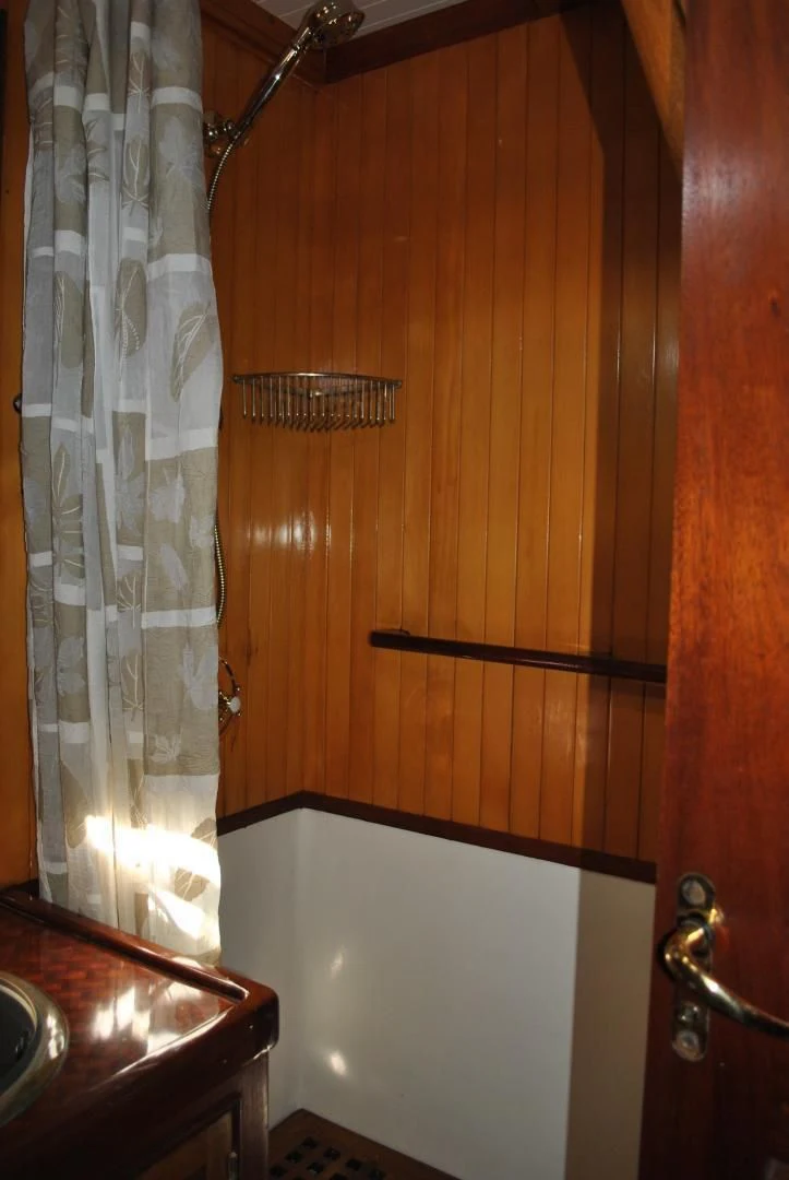 a shower curtain in a bathroom aboard TREE OF LIFE Yacht for Sale