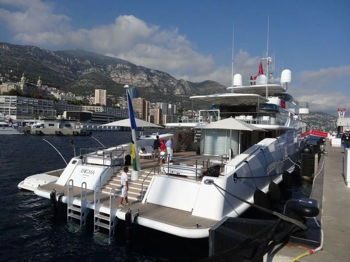a boat docked at a pier aboard ZEUS Yacht for Sale