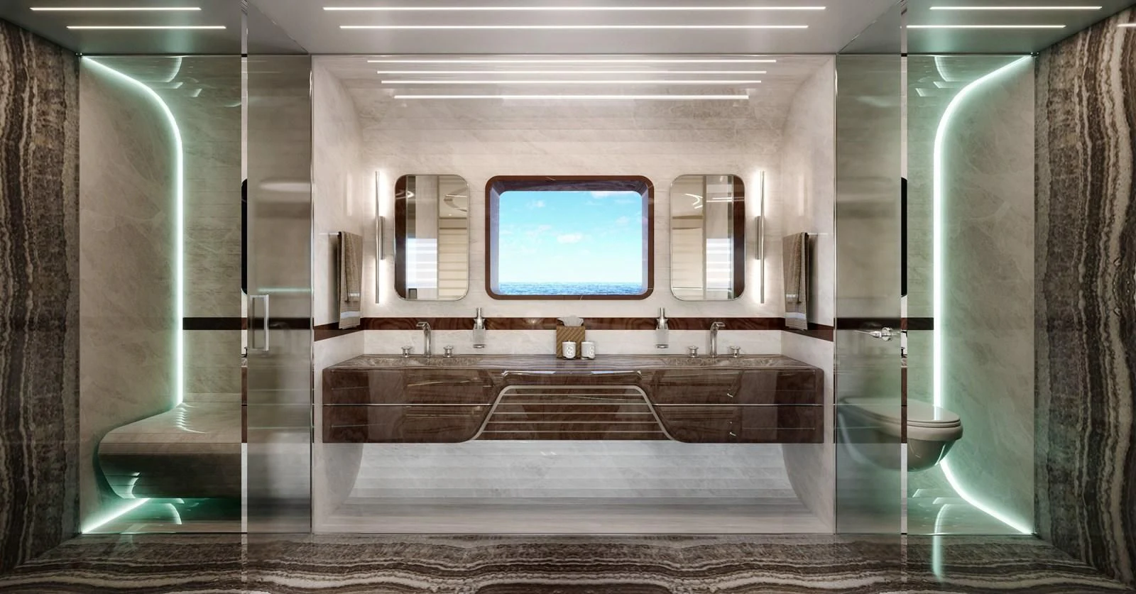 a bathroom with a large mirror aboard DYNAMIQ GTM 90 SPORTFISHER Yacht for Sale