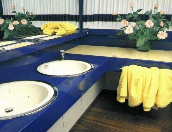a bathroom with a sink and a couple of bananas aboard SOMETHING WILD Yacht for Sale
