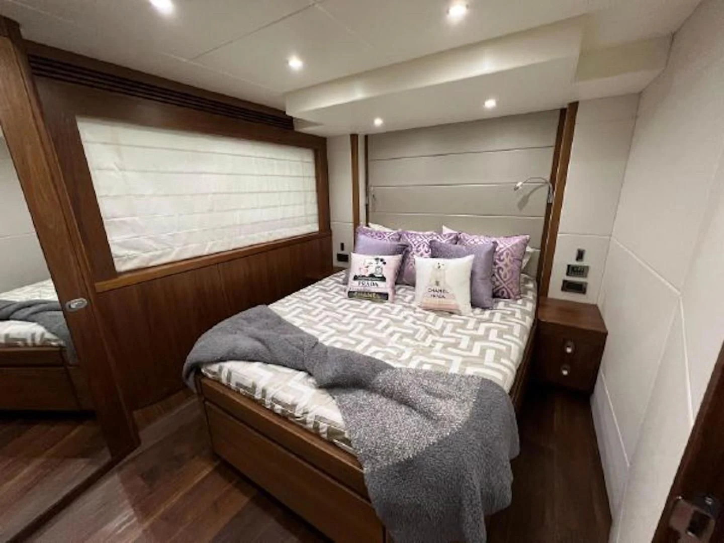 a bed in a room aboard RAPALLO V Yacht for Sale