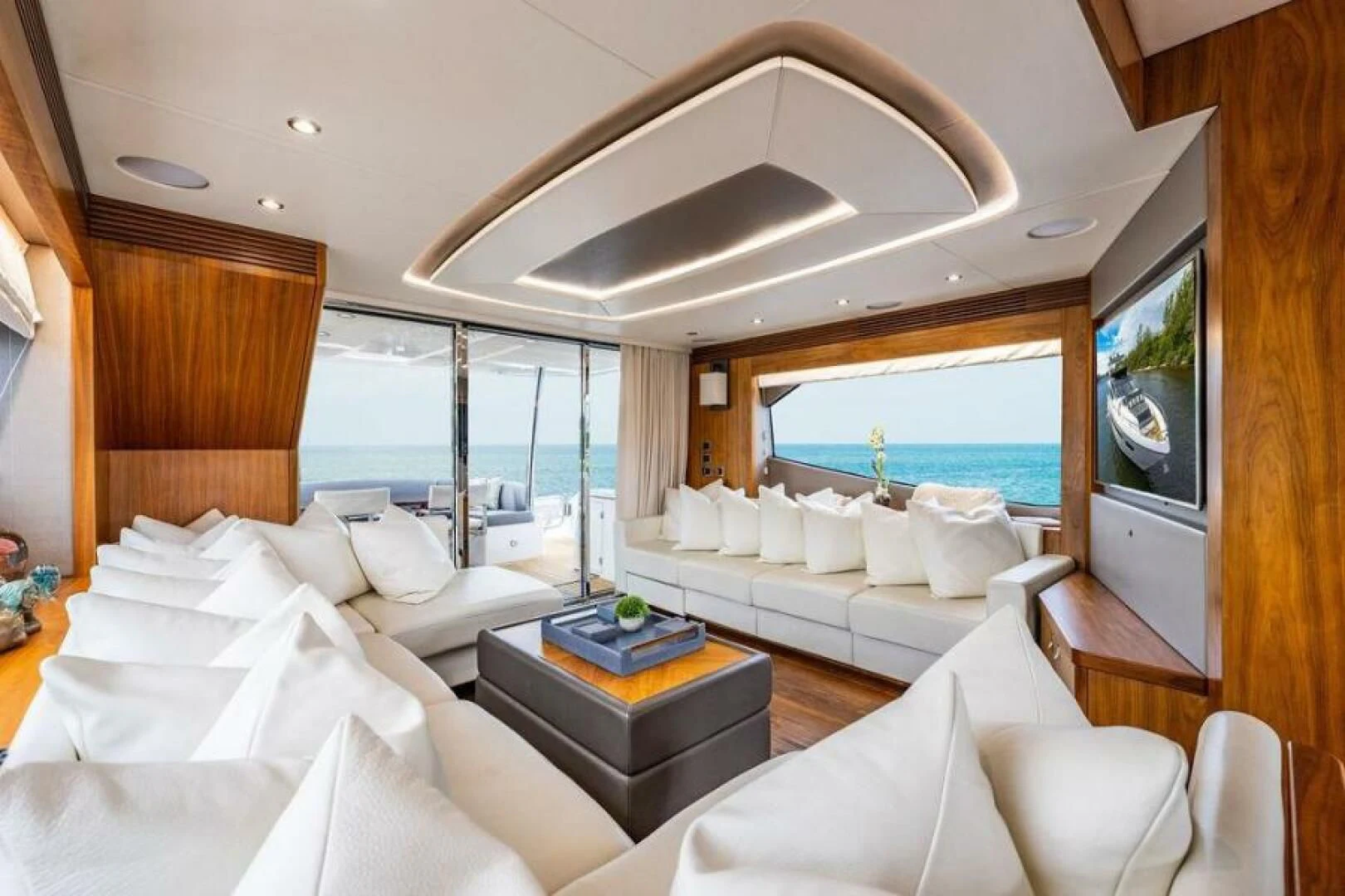 a room with a view of the ocean and the ocean aboard RAPALLO V Yacht for Sale