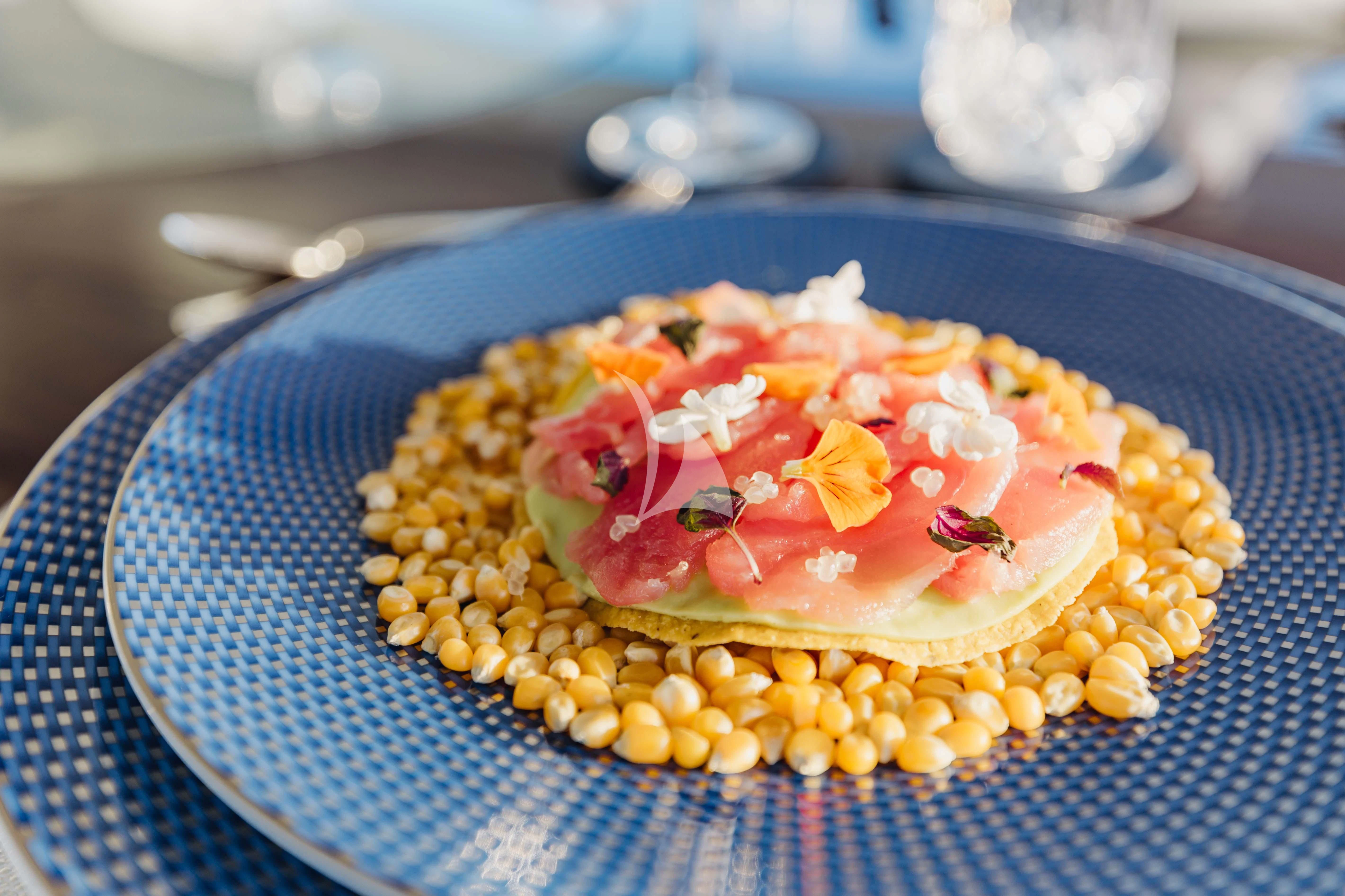 a bowl of food aboard LADY B Yacht for Charter