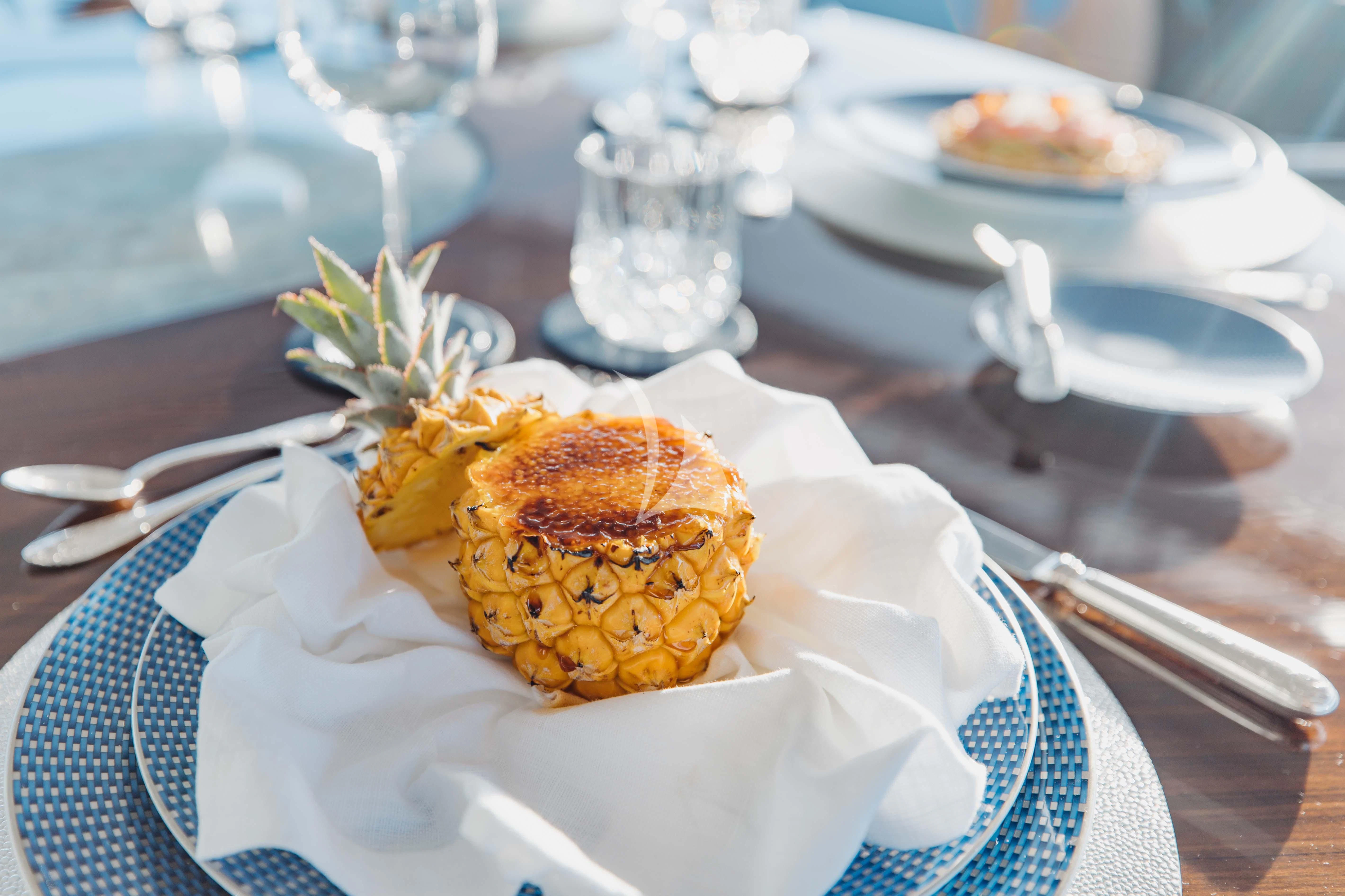 a plate of food aboard LADY B Yacht for Charter