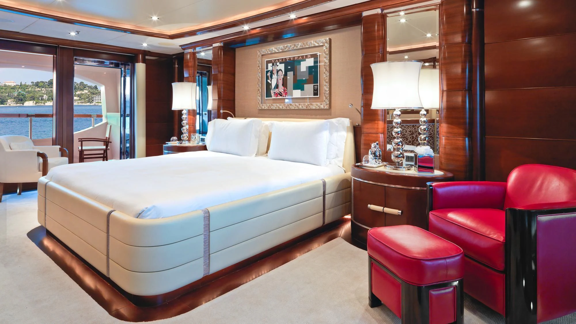 a bed in a room aboard LADY B Yacht for Charter