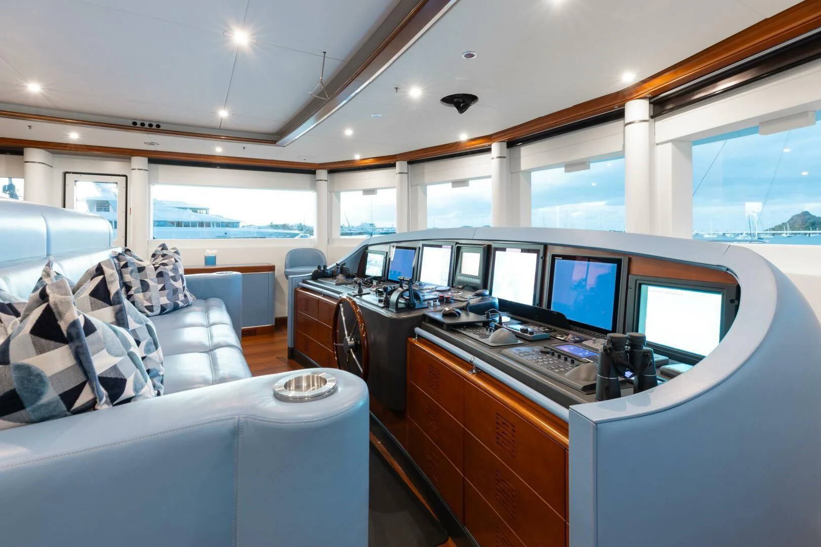 a car with a desk and a computer on it aboard LADY B Yacht for Charter