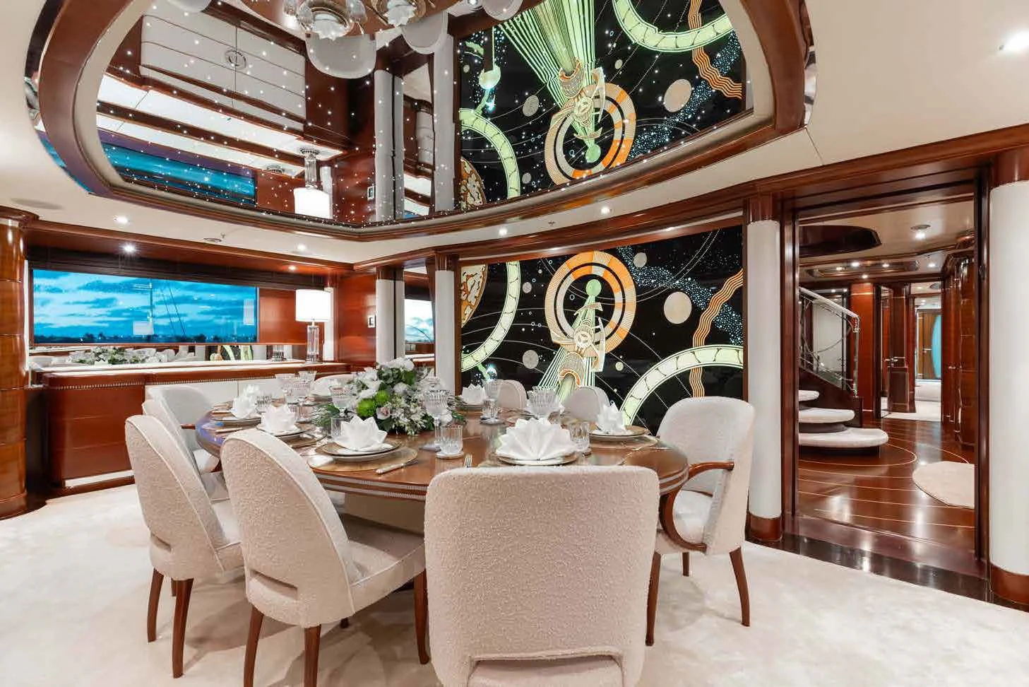 a dining room with a table and chairs aboard LADY B Yacht for Charter