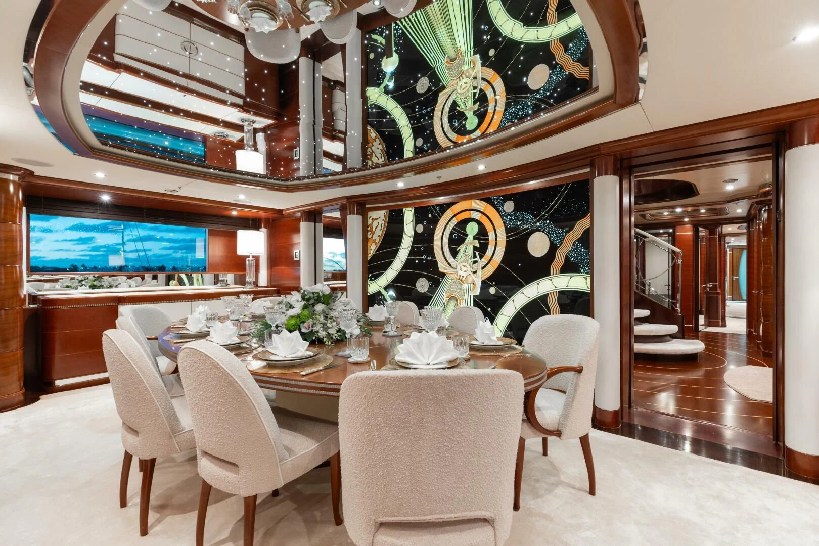 a dining table in a room aboard LADY B Yacht for Charter