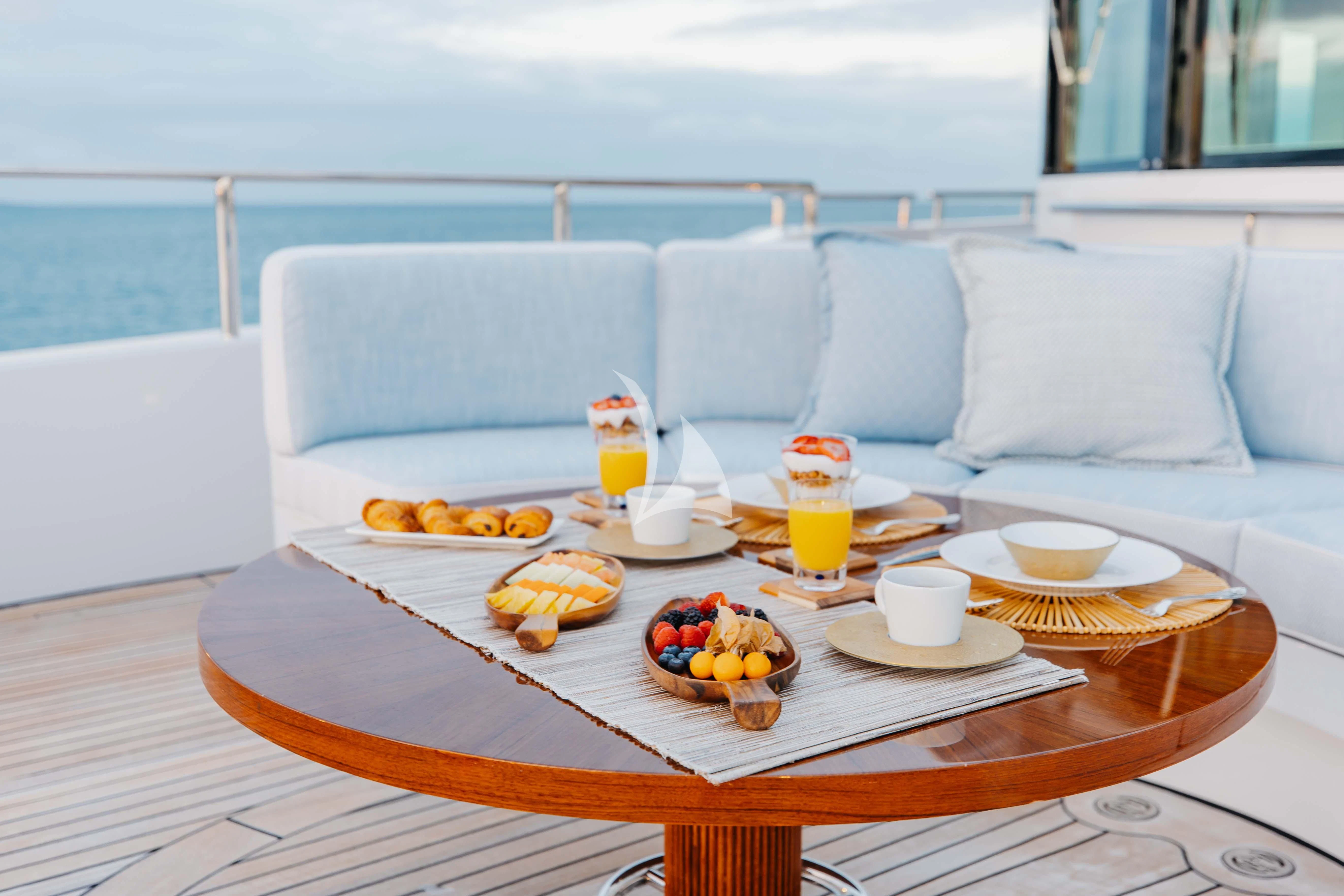 a table with food on it aboard LADY B Yacht for Charter