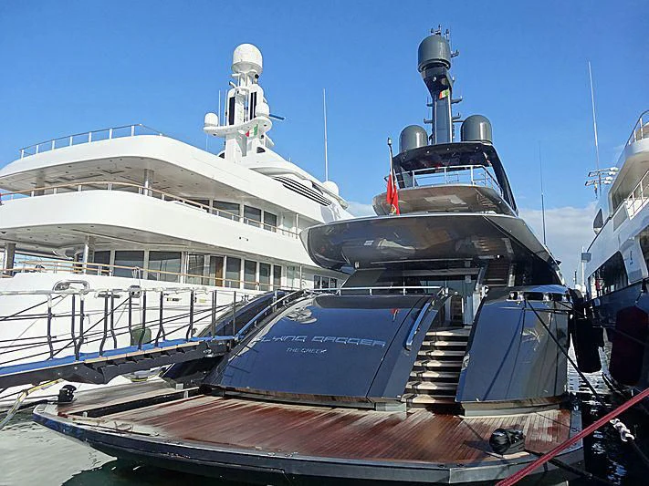 a large ship docked aboard FLYING DAGGER III Yacht for Sale