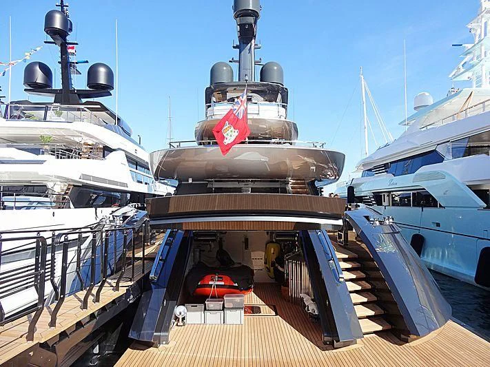 a large ship docked aboard FLYING DAGGER III Yacht for Sale