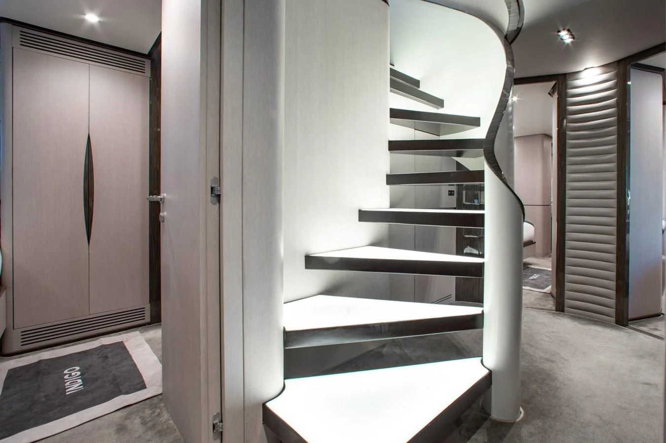 a staircase in a building aboard INDIGO Yacht for Sale