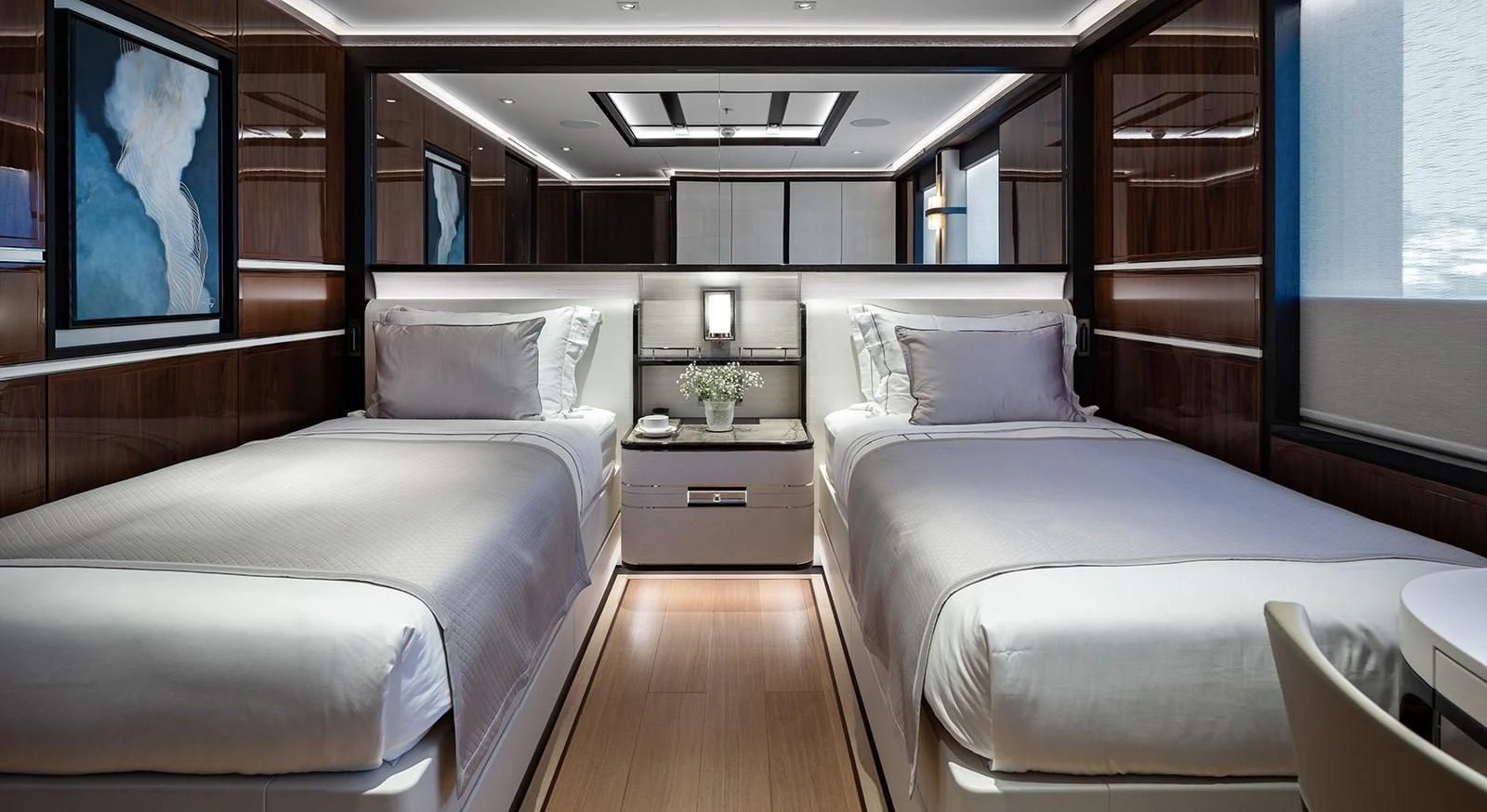 a room with two beds aboard LUSINE Yacht for Sale