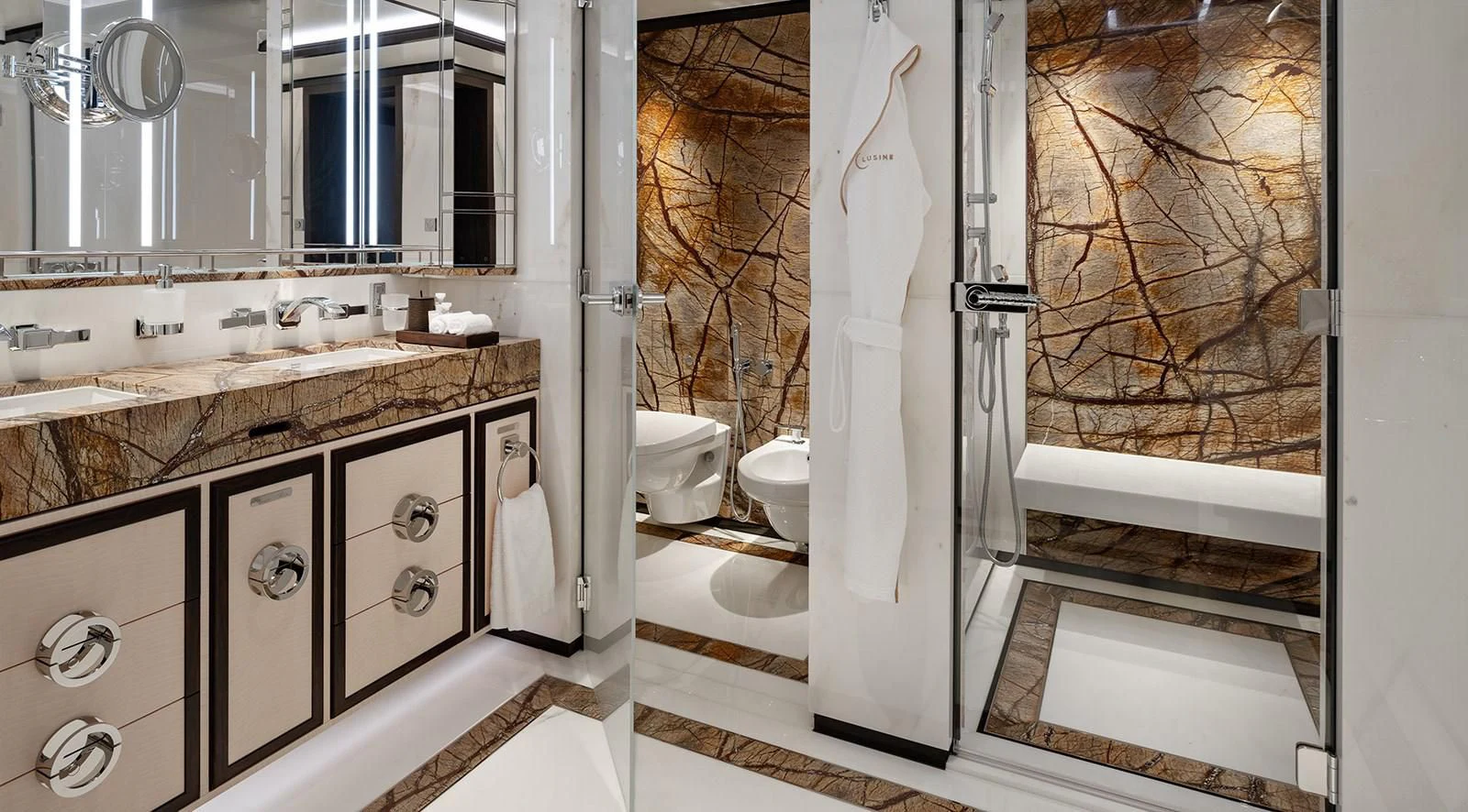 a bathroom with a large countertop aboard LUSINE Yacht for Sale
