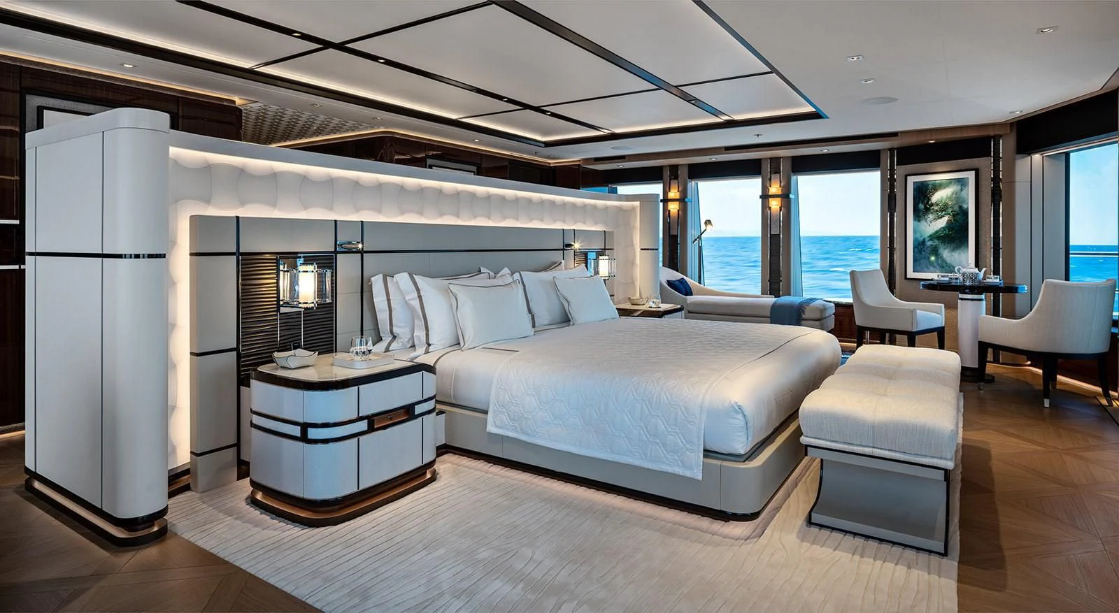 a bedroom with a large bed aboard LUSINE Yacht for Sale