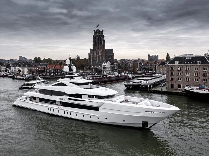 a boat is parked on the water aboard LUSINE Yacht for Sale