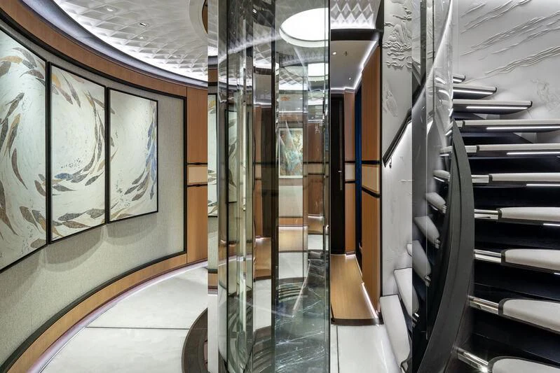 a room with several shelves aboard LUSINE Yacht for Sale