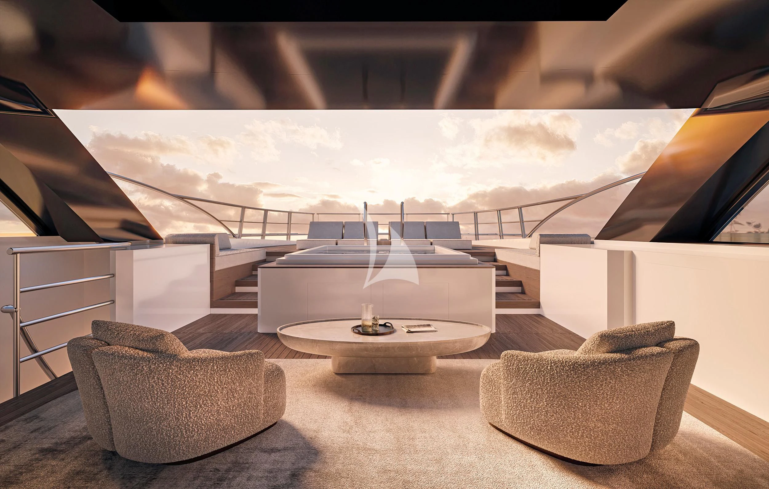 a room with a view of the ocean and a large building aboard ENTOURAGE Yacht for Sale