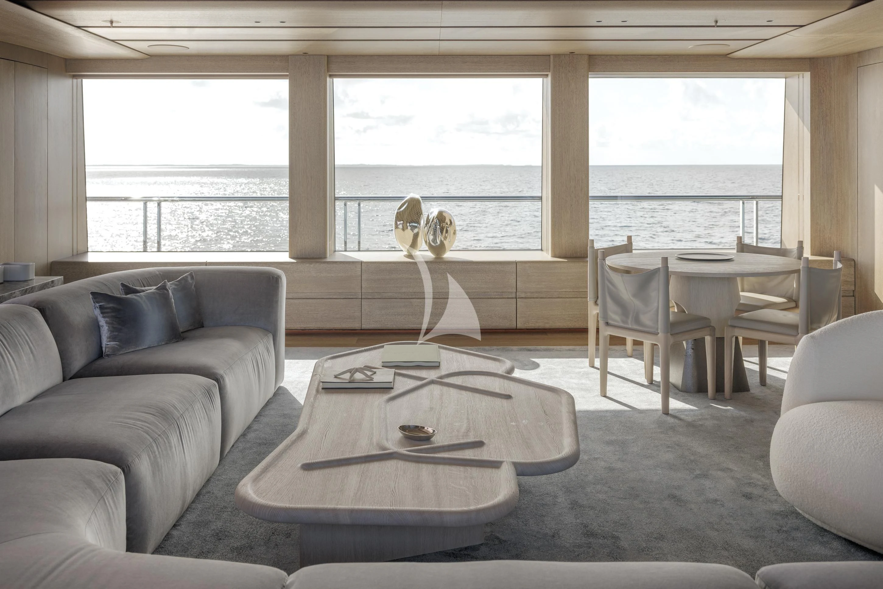 a living room with a large window aboard ENTOURAGE Yacht for Sale