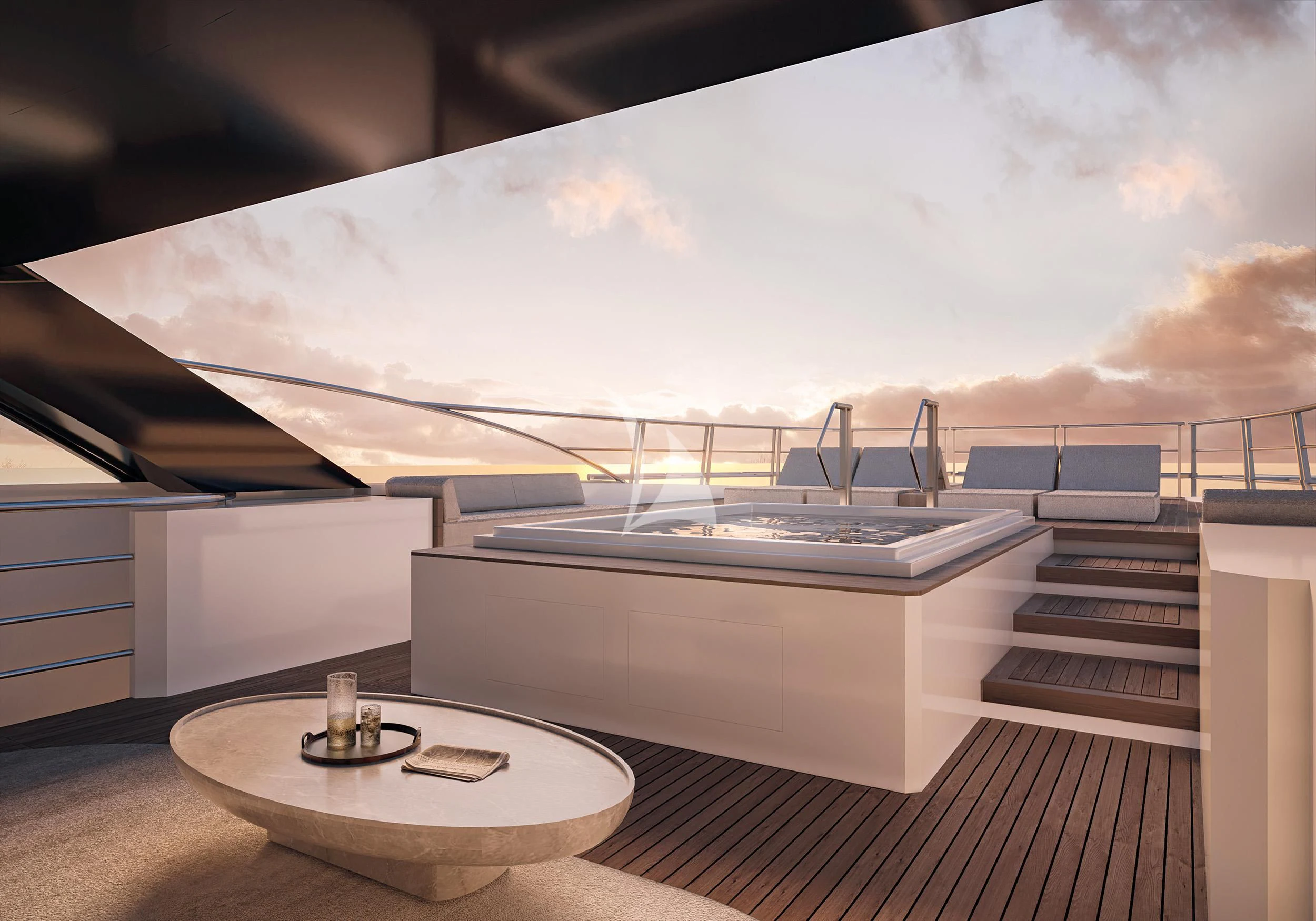 a room with a large white table and a large window aboard ENTOURAGE Yacht for Sale